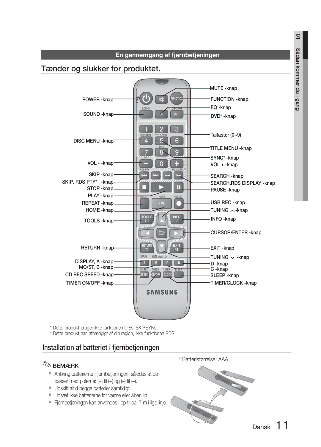 Samsung MM-E330D/XE Tænder og slukker for produktet, Installation af batteriet i fjernbetjeningen, Batteristørrelse AAA 