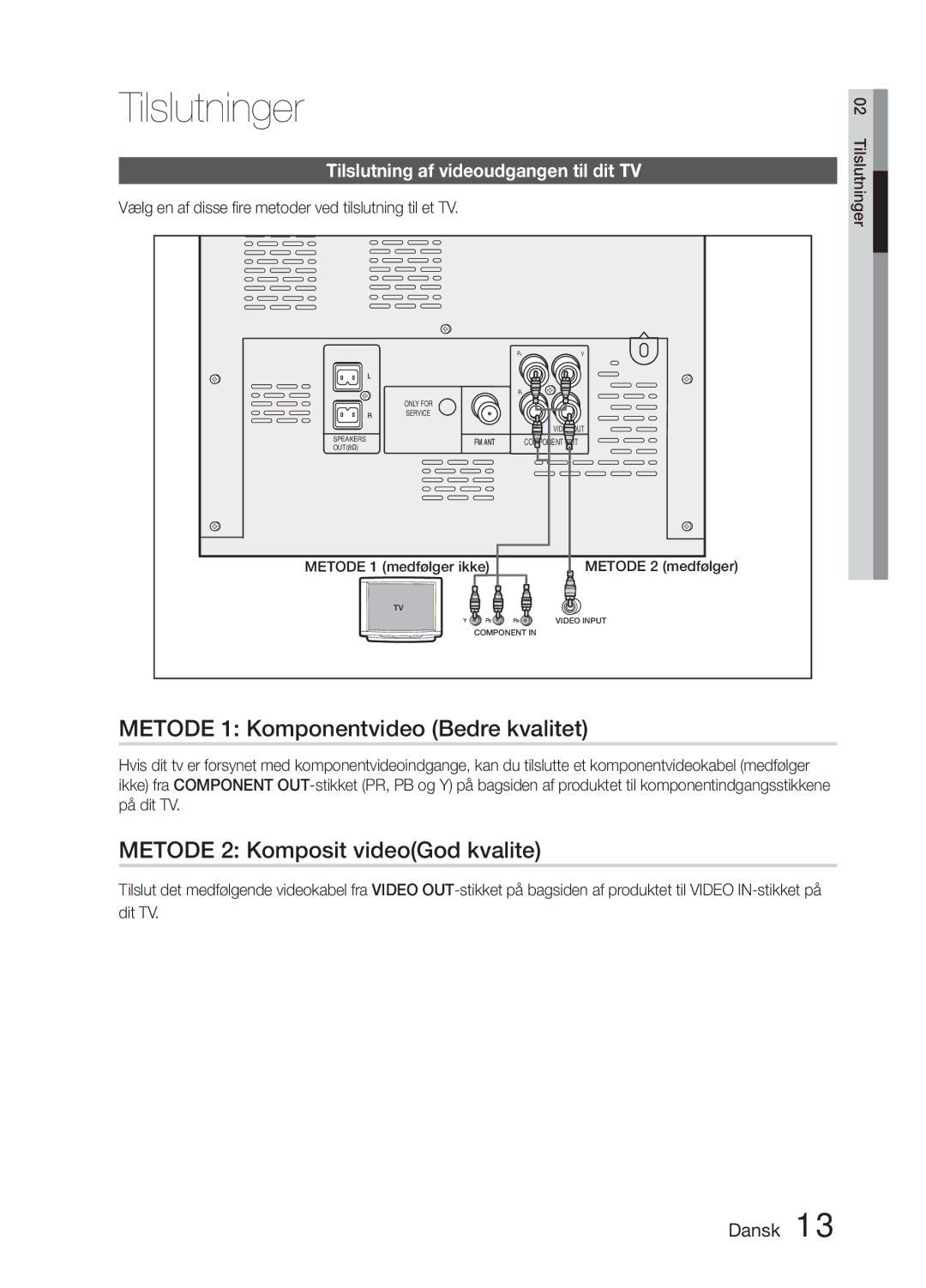 Samsung MM-E330D/XE manual Metode 1 Komponentvideo Bedre kvalitet, Metode 2 Komposit videoGod kvalite 