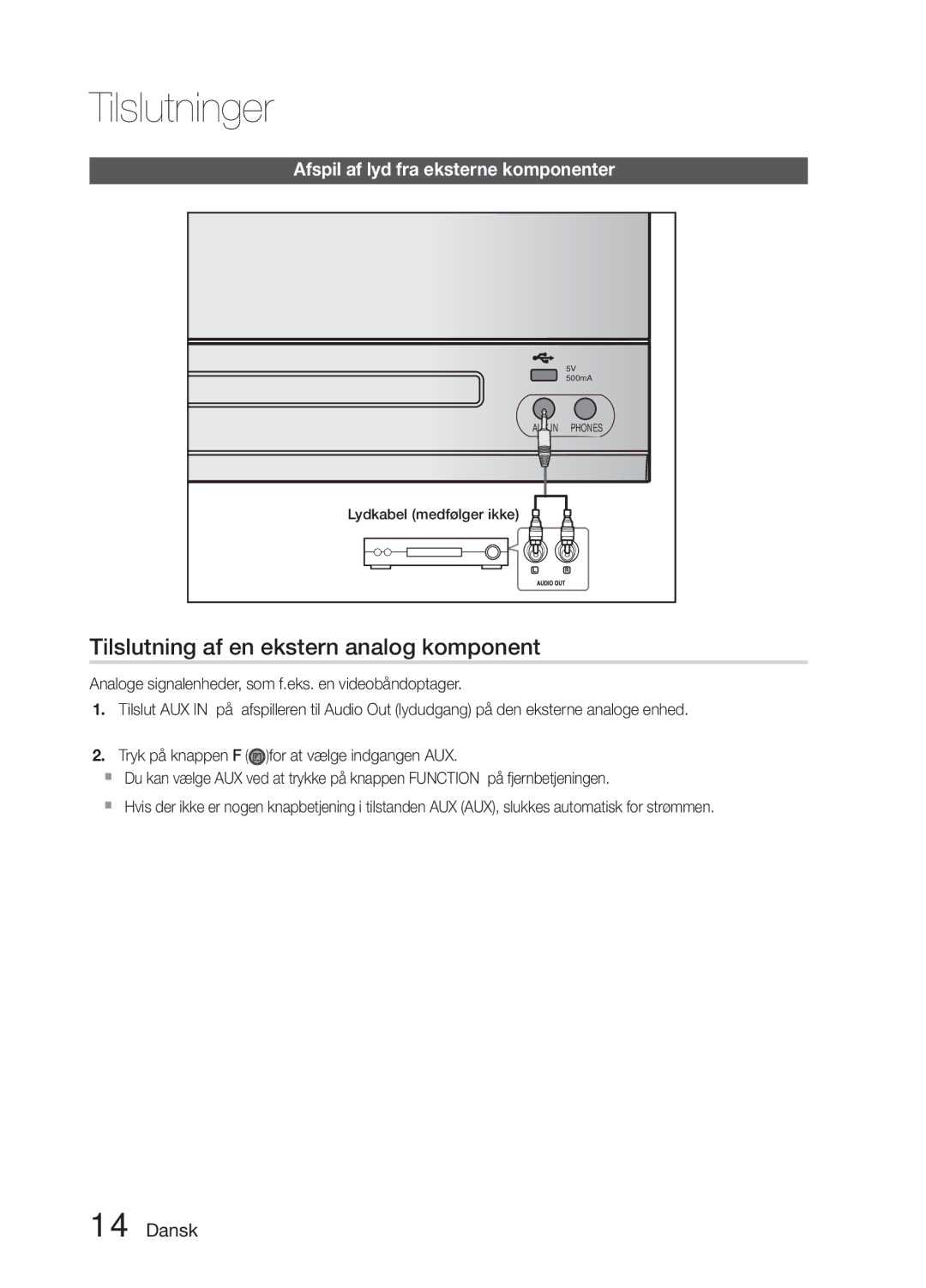 Samsung MM-E330D/XE manual Tilslutning af en ekstern analog komponent, Afspil af lyd fra eksterne komponenter 