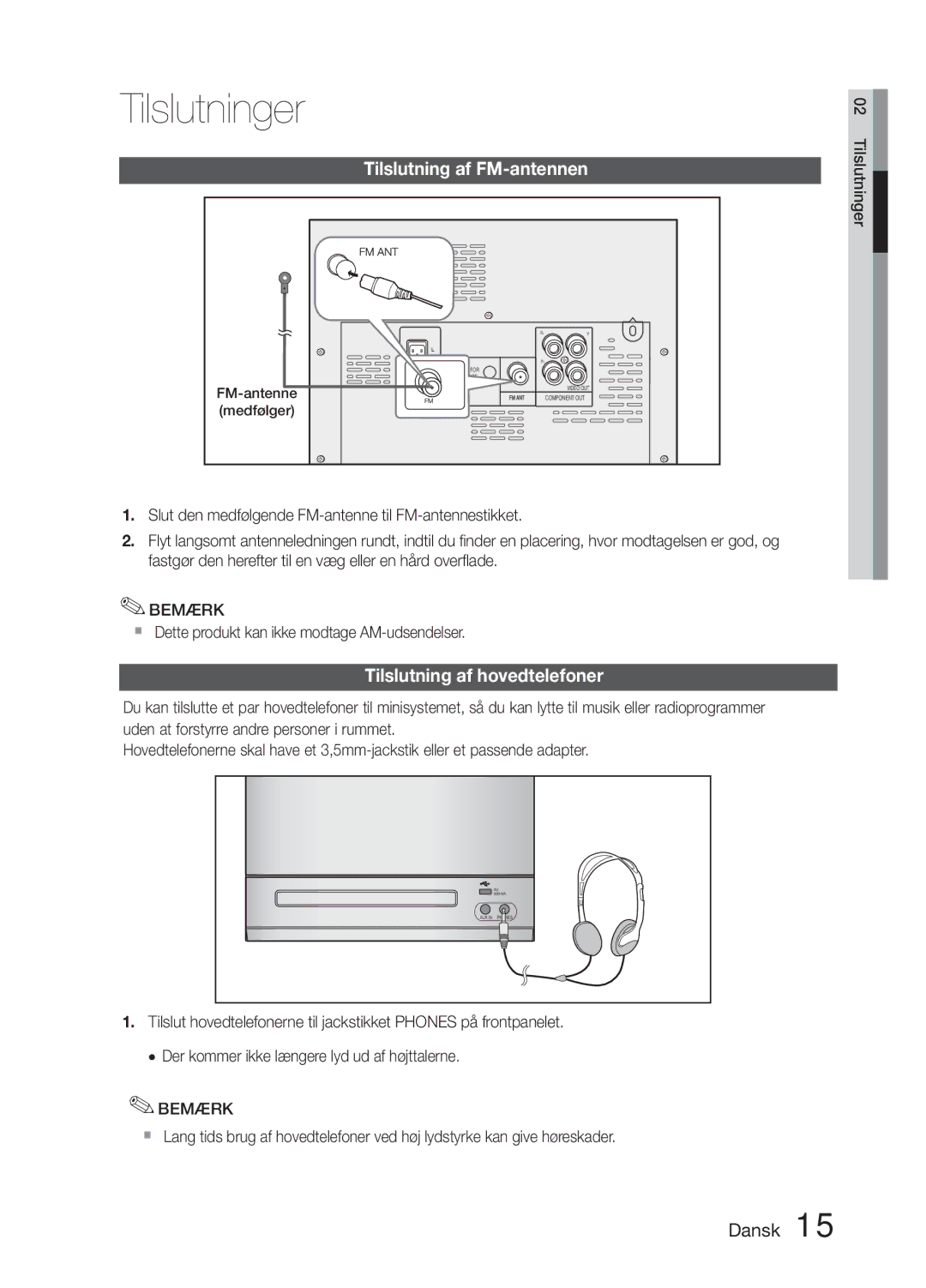 Samsung MM-E330D/XE manual Tilslutning af FM-antennen, Tilslutning af hovedtelefoner 