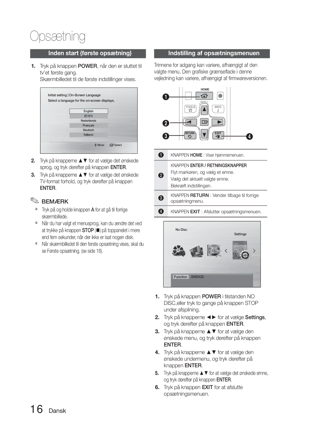 Samsung MM-E330D/XE manual Opsætning, Inden start første opsætning, Enter Bemærk 