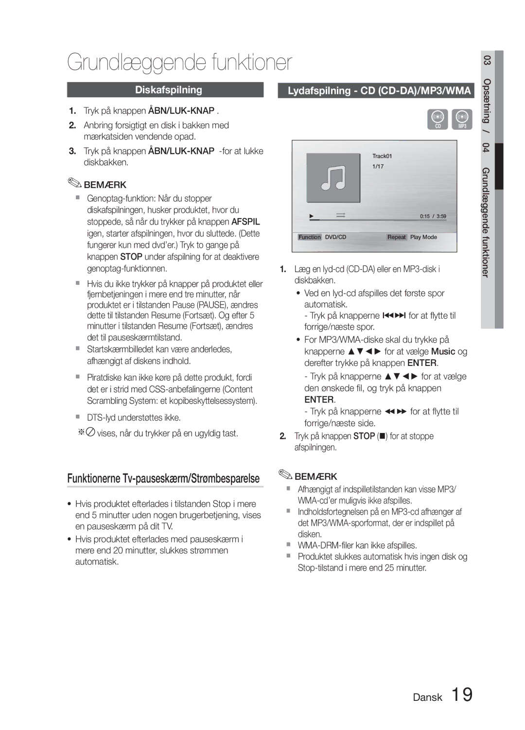 Samsung MM-E330D/XE manual Grundlæggende funktioner, Diskafspilning Lydafspilning CD CD-DA/MP3/WMA 