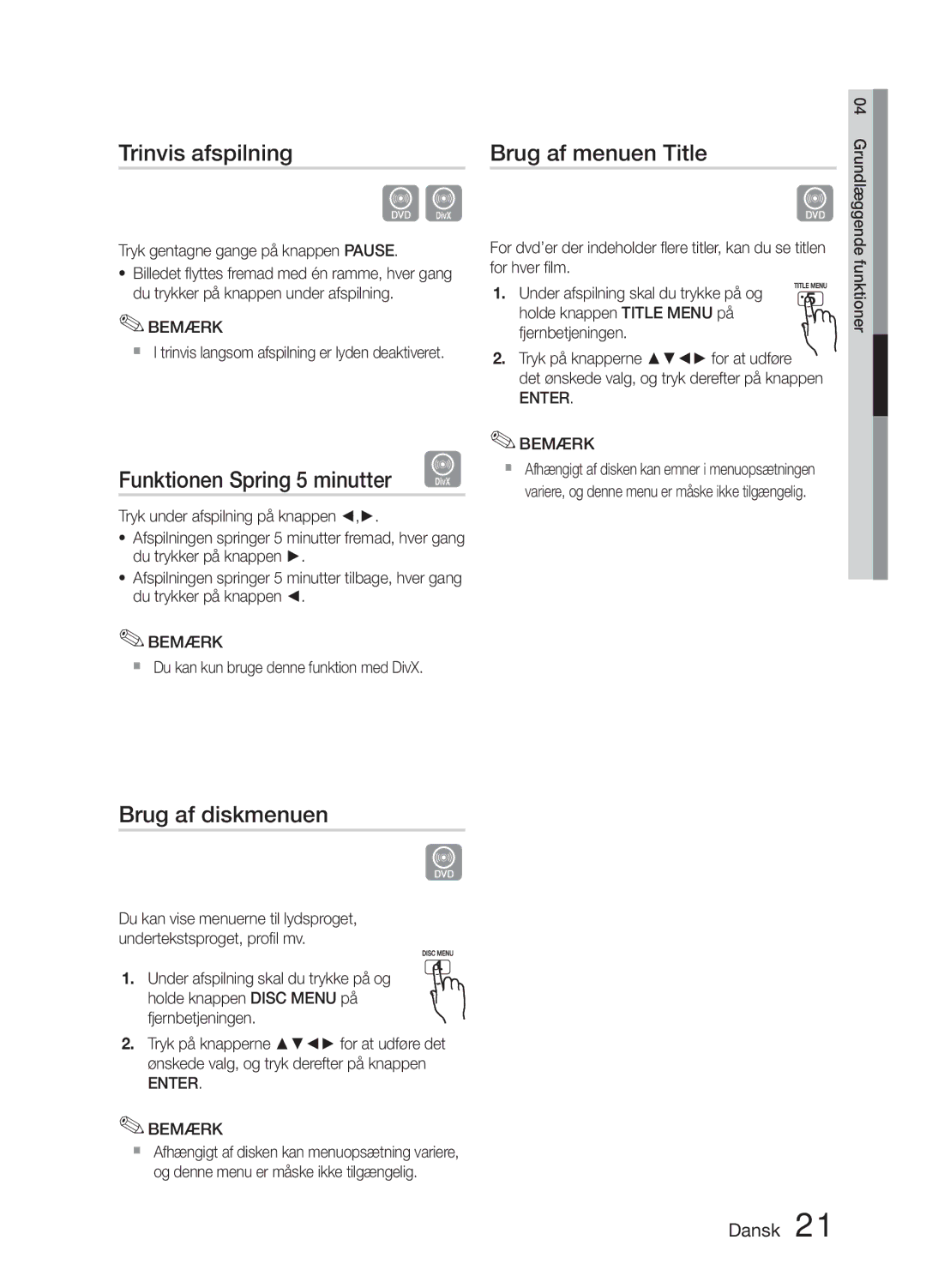 Samsung MM-E330D/XE manual Trinvis afspilning, Funktionen Spring 5 minutter D, Brug af menuen Title, Brug af diskmenuen 