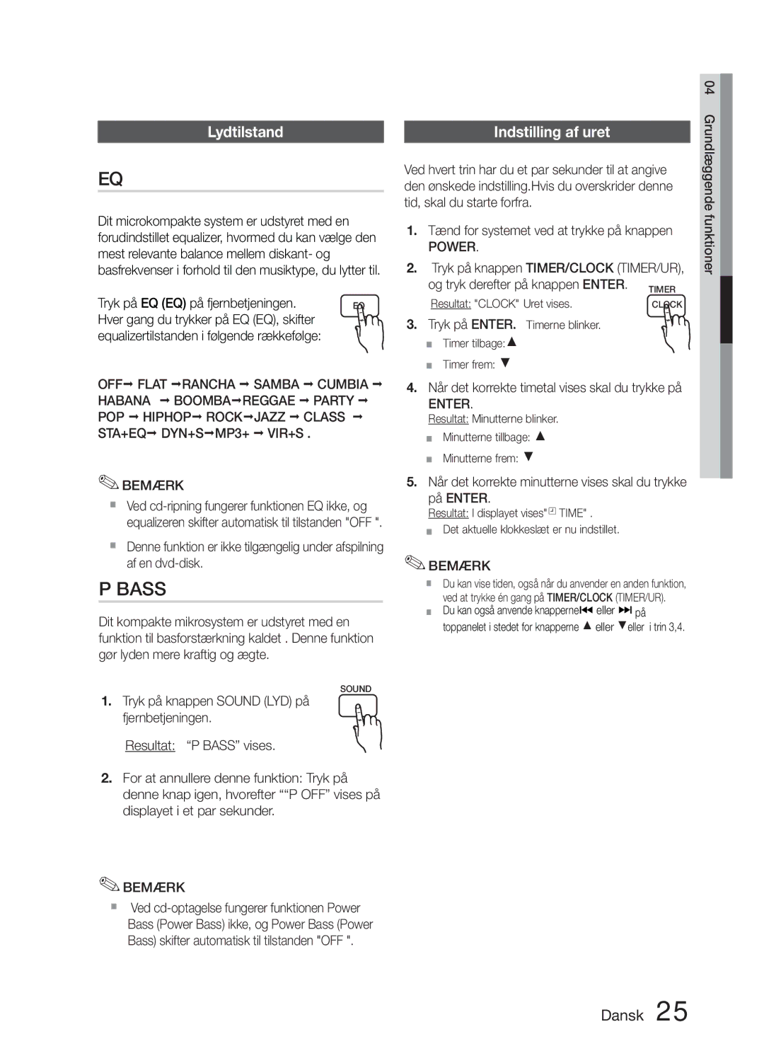 Samsung MM-E330D/XE Lydtilstand, Indstilling af uret, Power, Når det korrekte minutterne vises skal du trykke på Enter 