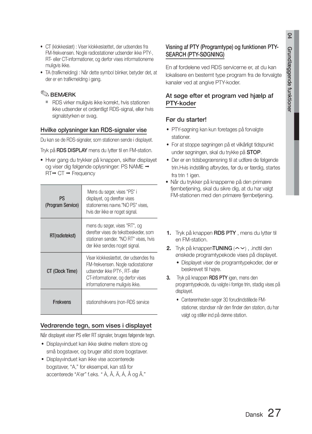 Samsung MM-E330D/XE manual Hvilke oplysninger kan RDS-signaler vise, Vedrørende tegn, som vises i displayet 