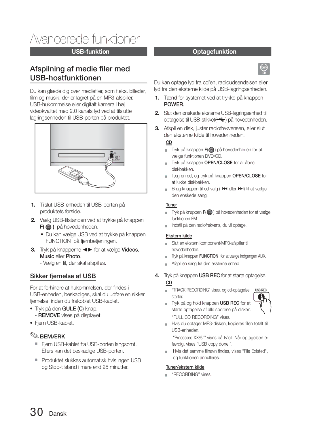 Samsung MM-E330D/XE manual Afspilning af medie filer med USB-hostfunktionen, USB-funktion, Sikker fjernelse af USB 