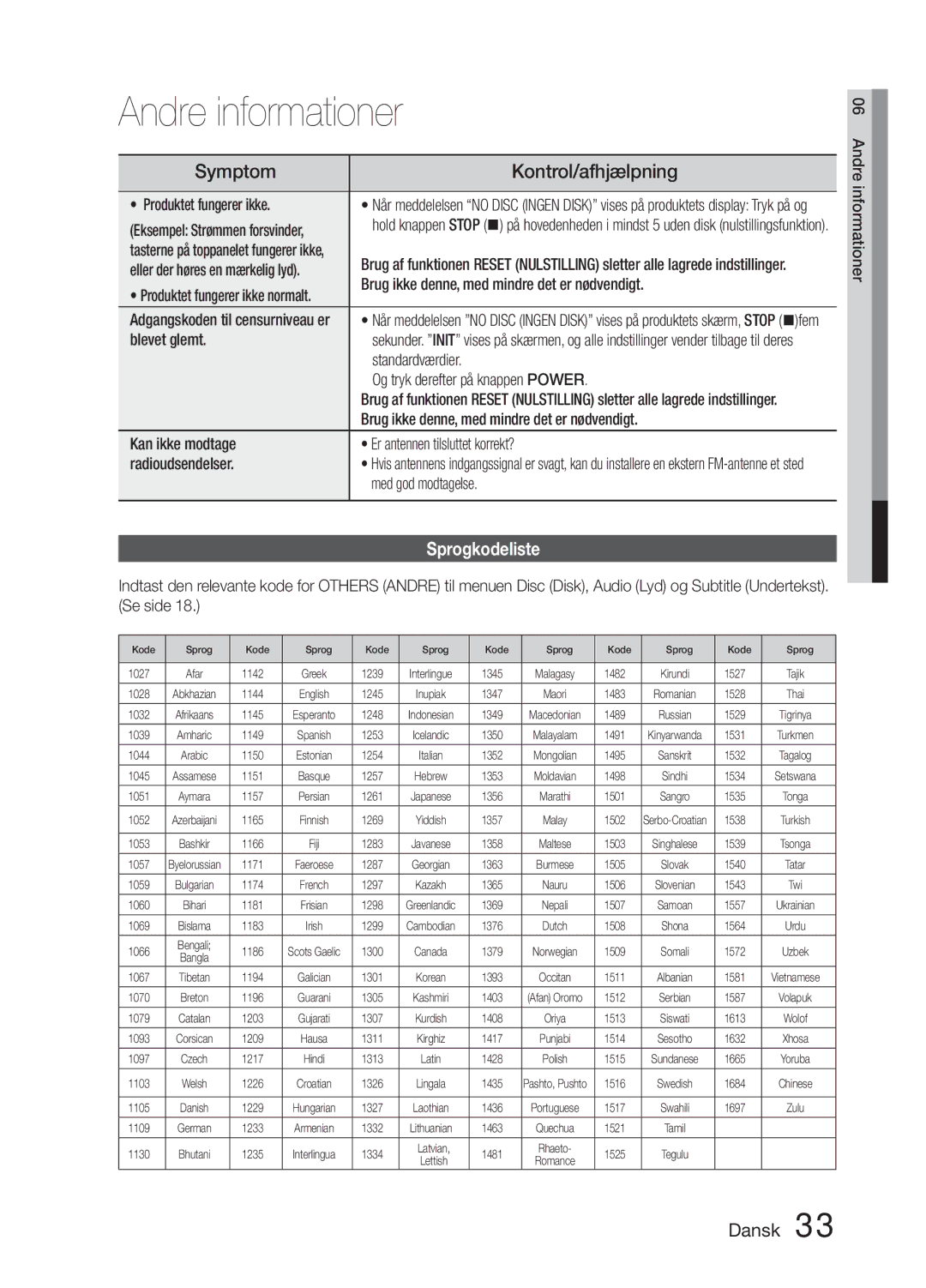 Samsung MM-E330D/XE manual Sprogkodeliste 