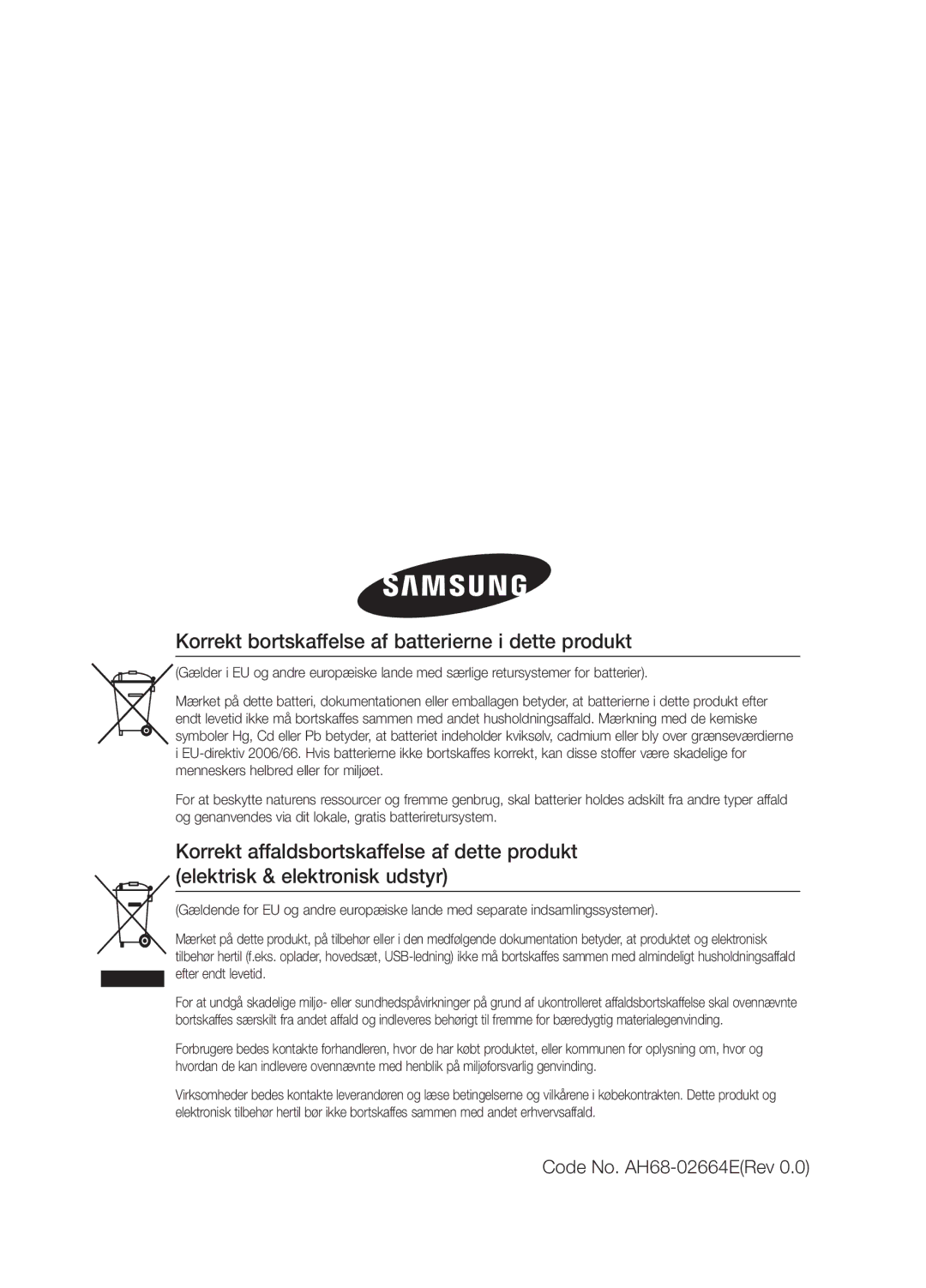 Samsung MM-E330D/XE manual Korrekt bortskaffelse af batterierne i dette produkt, Code No. AH68-02664ERev 