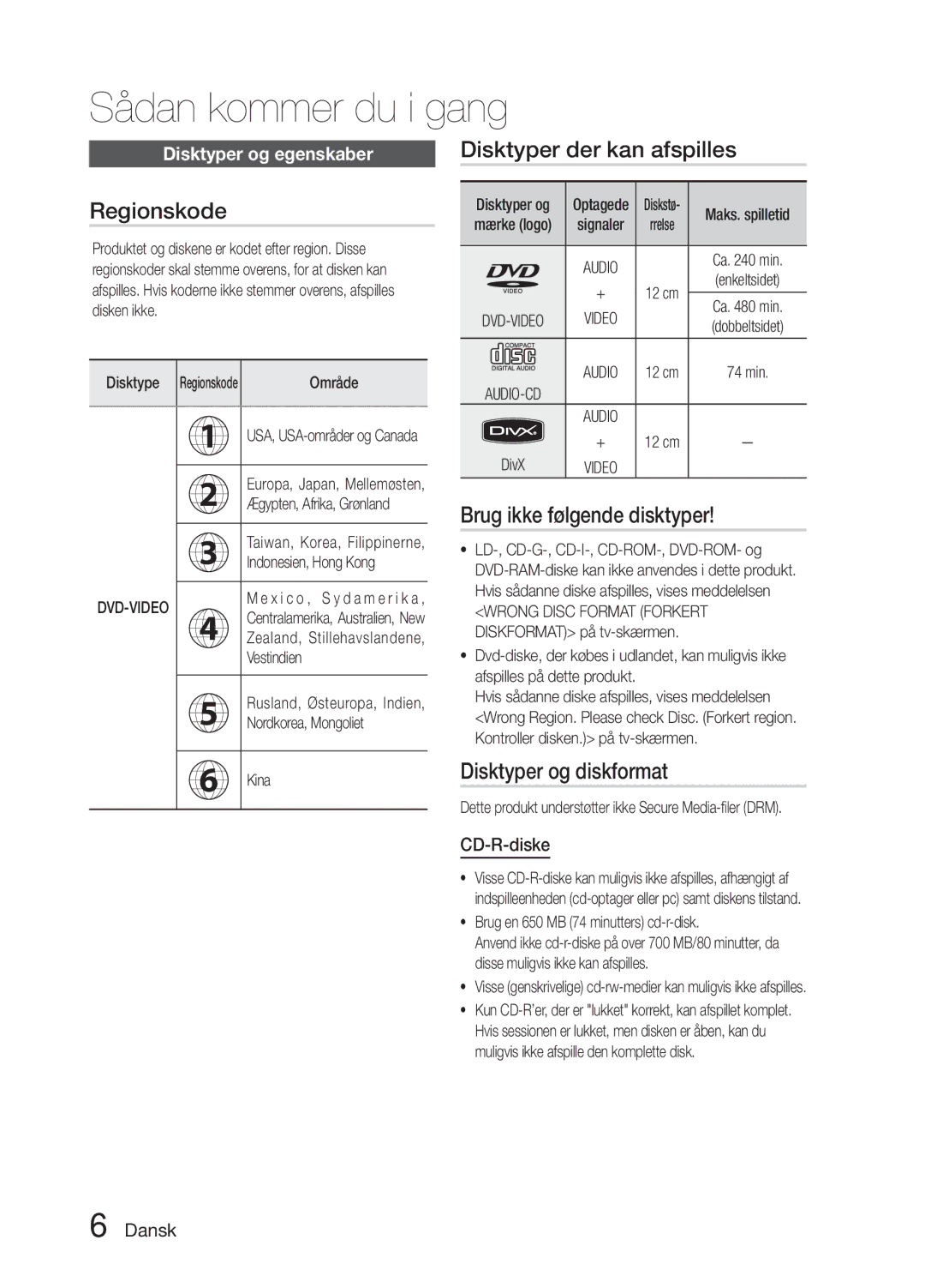 Samsung MM-E330D/XE manual Sådan kommer du i gang, Regionskode, Disktyper der kan afspilles, Brug ikke følgende disktyper 