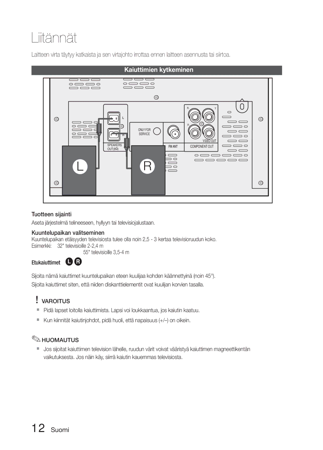 Samsung MM-E330D/XE manual Liitännät, Kaiuttimien kytkeminen 