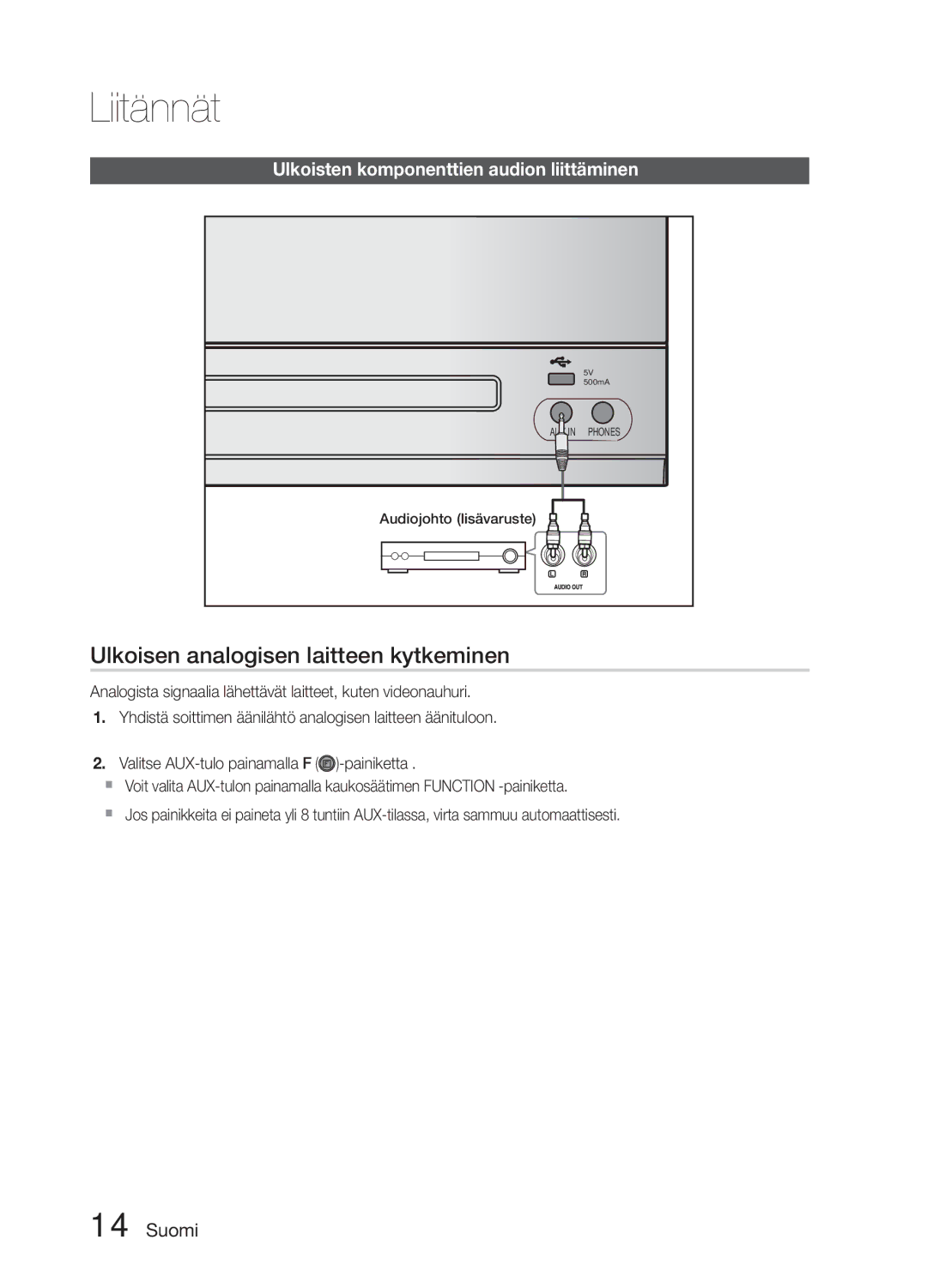 Samsung MM-E330D/XE manual Ulkoisen analogisen laitteen kytkeminen, Ulkoisten komponenttien audion liittäminen 