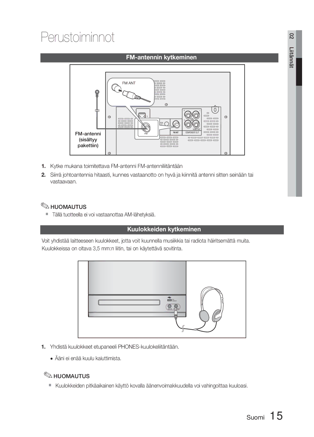 Samsung MM-E330D/XE FM-antennin kytkeminen, Kuulokkeiden kytkeminen,  Tällä tuotteella ei voi vastaanottaa AM-lähetyksiä 