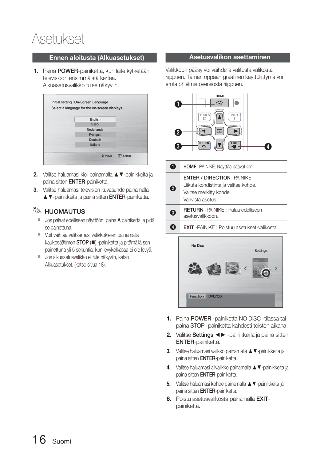 Samsung MM-E330D/XE manual Asetukset, Ennen aloitusta Alkuasetukset, Poistu asetusvalikosta painamalla EXIT- painiketta 