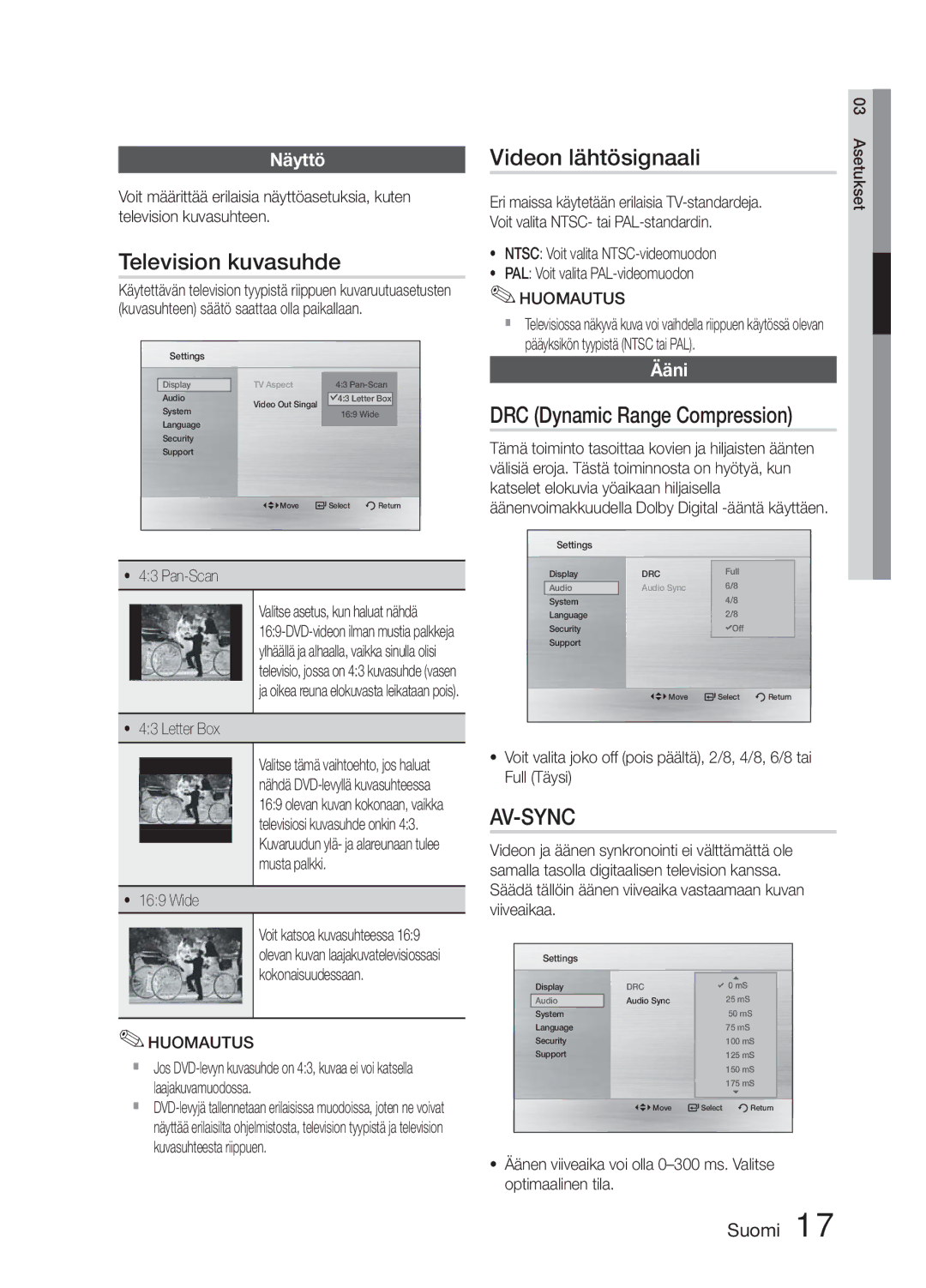 Samsung MM-E330D/XE manual Television kuvasuhde, Videon lähtösignaali, Näyttö, Ääni 