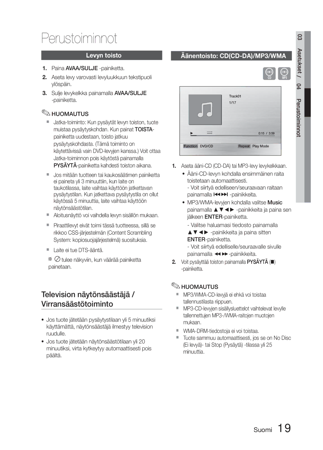 Samsung MM-E330D/XE manual Television näytönsäästäjä, Virransäästötoiminto, Levyn toisto Äänentoisto CDCD-DA/MP3/WMA 