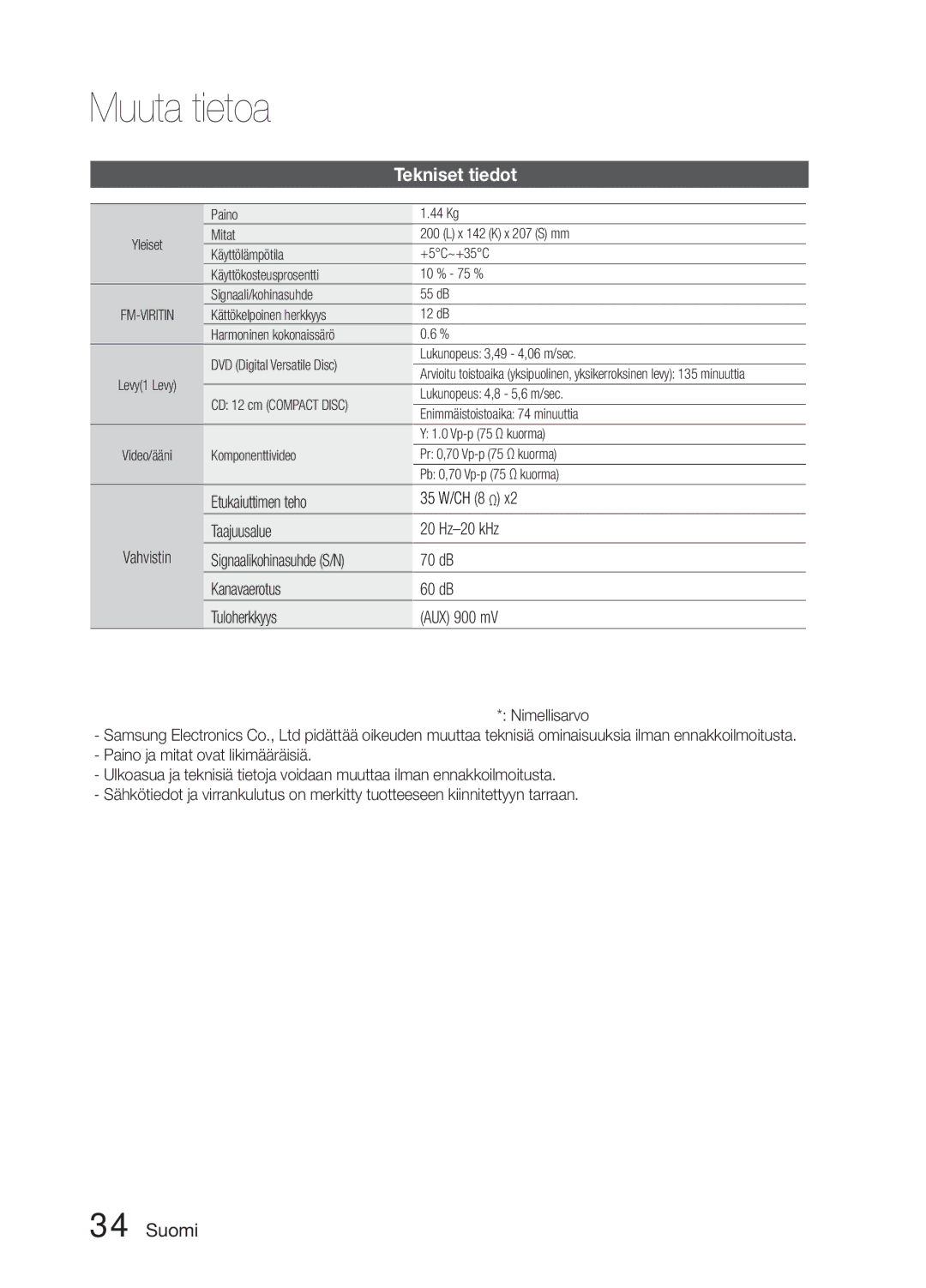 Samsung MM-E330D/XE manual Tekniset tiedot, Etukaiuttimen teho, Taajuusalue Hz-20 kHz, 70 dB 