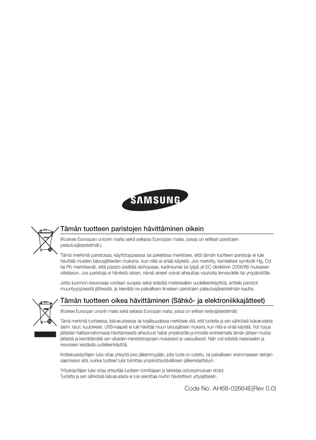 Samsung MM-E330D/XE manual Tämän tuotteen paristojen hävittäminen oikein, Code No. AH68-02664ERev 