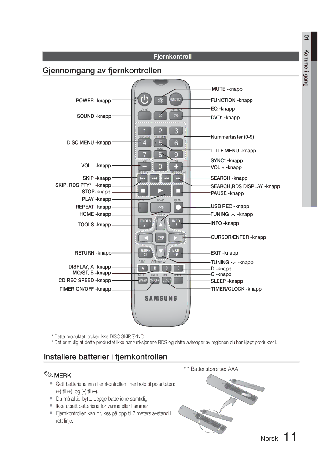 Samsung MM-E330D/XE manual Gjennomgang av fjernkontrollen, Installere batterier i fjernkontrollen, Fjernkontroll 