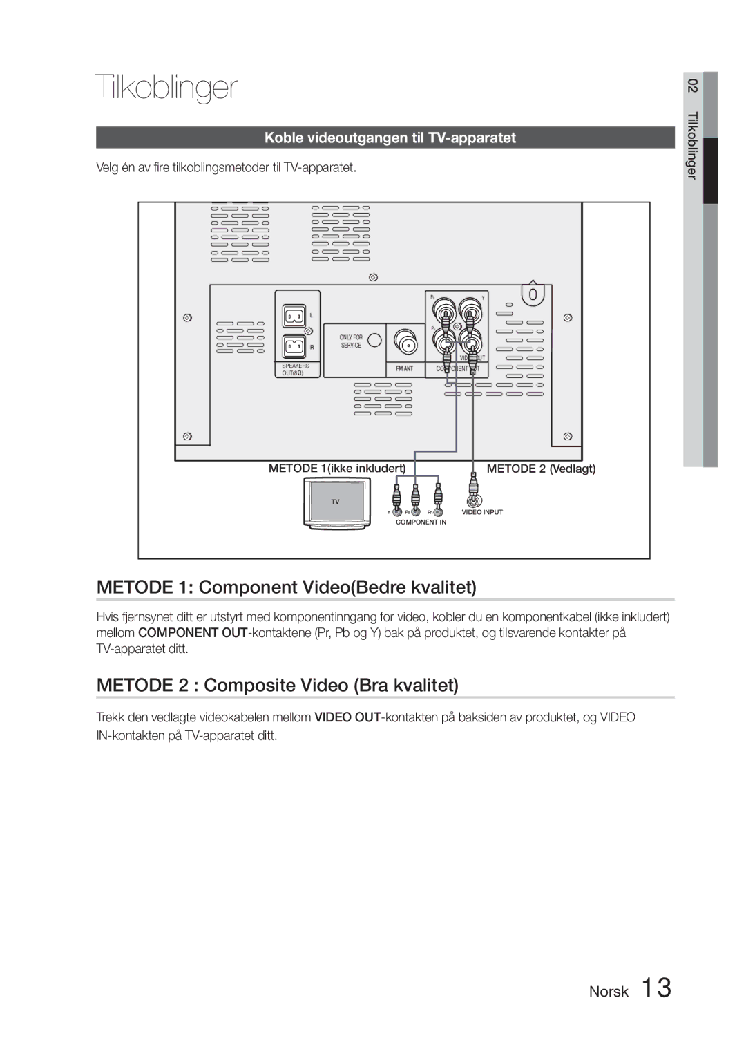 Samsung MM-E330D/XE manual Metode 1 Component VideoBedre kvalitet, Metode 2 Composite Video Bra kvalitet 