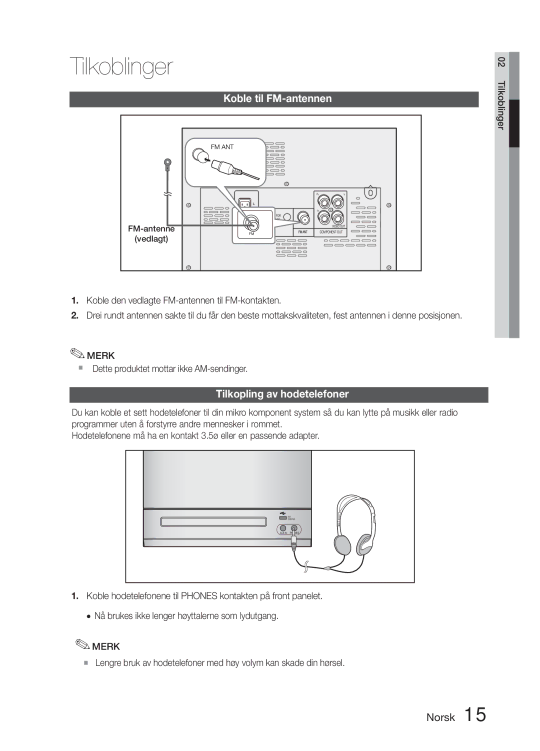 Samsung MM-E330D/XE manual Koble til FM-antennen, Tilkopling av hodetelefoner,  Dette produktet mottar ikke AM-sendinger 