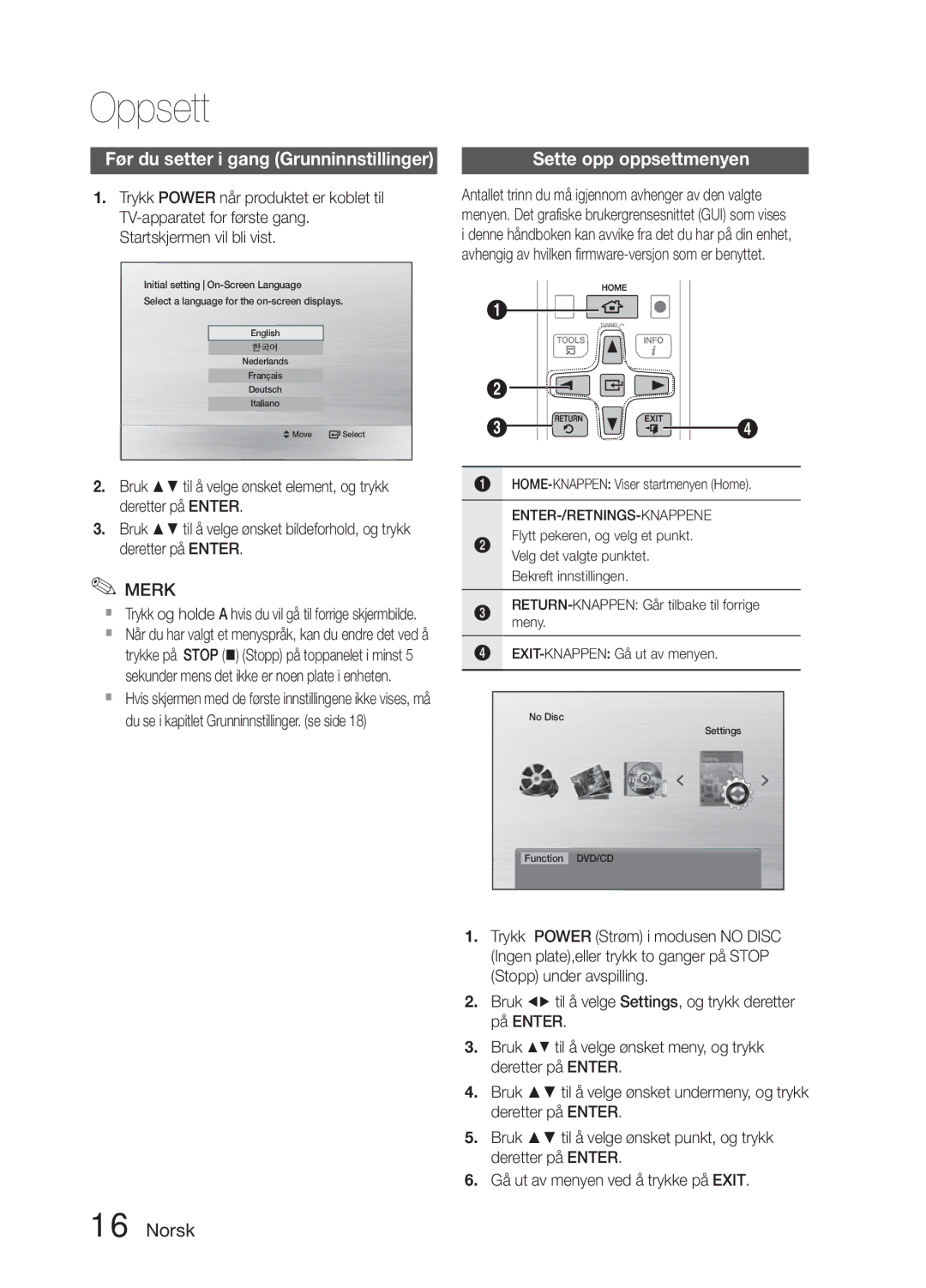 Samsung MM-E330D/XE manual Oppsett, Før du setter i gang Grunninnstillinger, Sette opp oppsettmenyen 