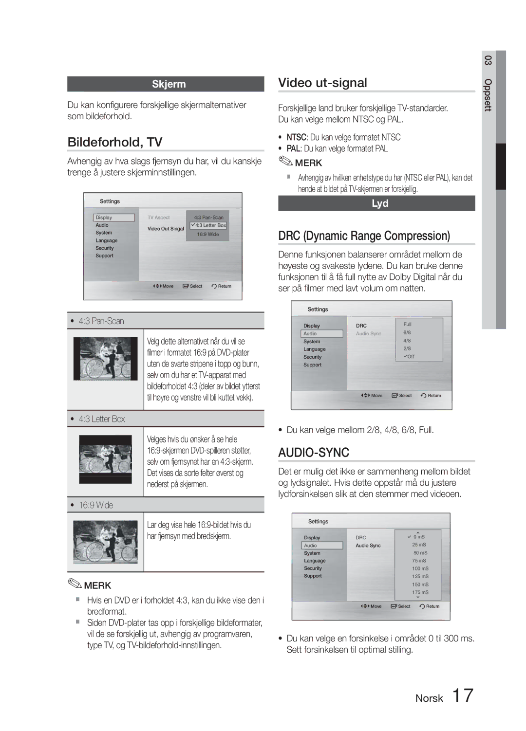 Samsung MM-E330D/XE manual Bildeforhold, TV, Video ut-signal, DRC Dynamic Range Compression, Skjerm, Lyd 