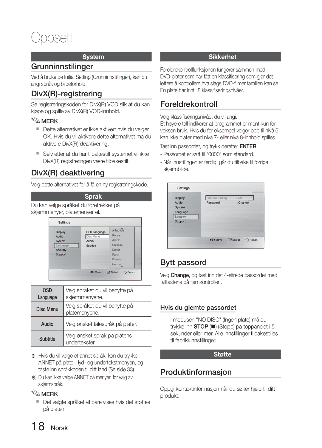 Samsung MM-E330D/XE manual Grunninnstilinger, DivXR-registrering, DivXR deaktivering, Foreldrekontroll, Bytt passord 