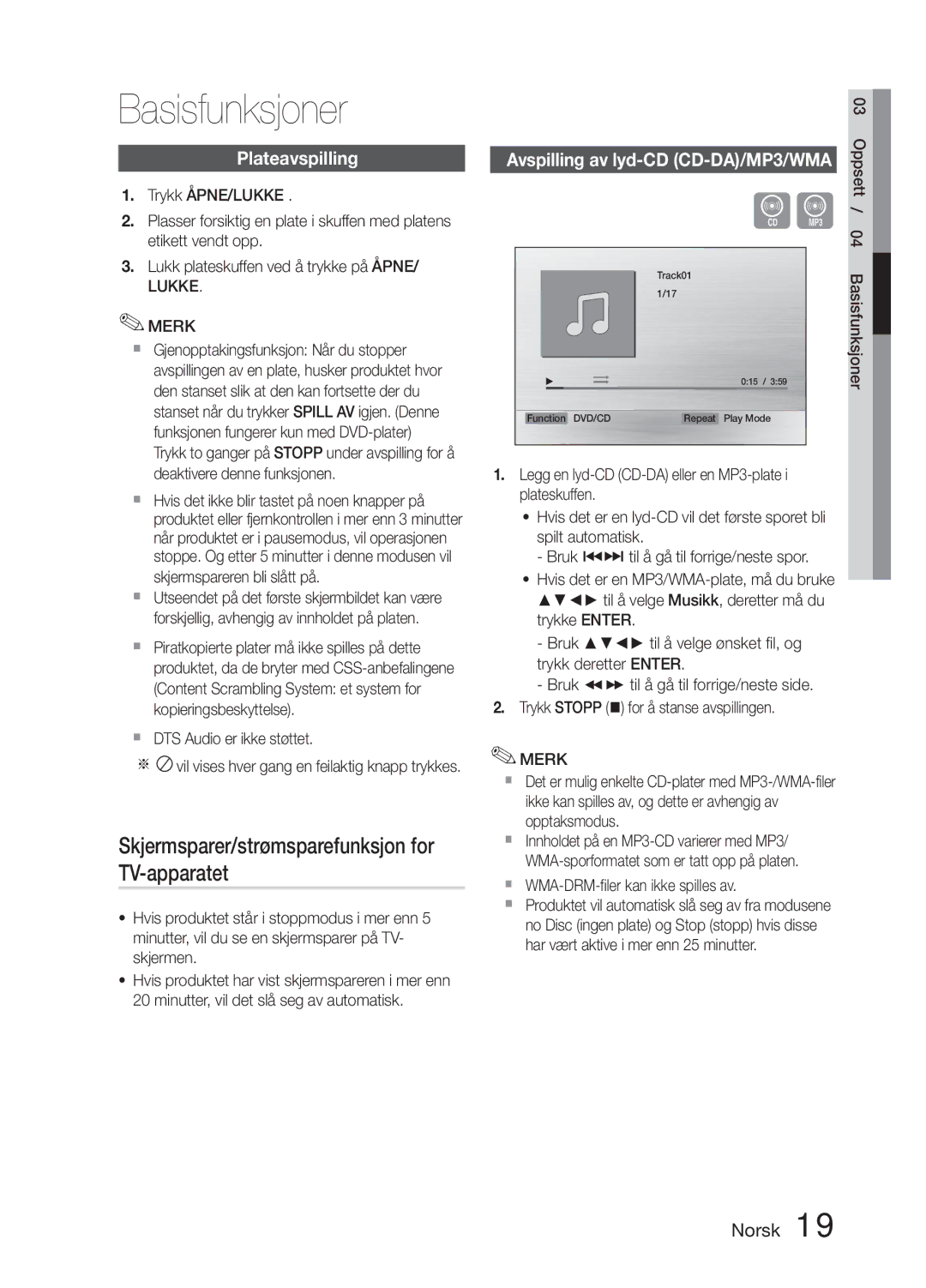 Samsung MM-E330D/XE manual Basisfunksjoner, Plateavspilling, Lukke Merk,  DTS Audio er ikke støttet 