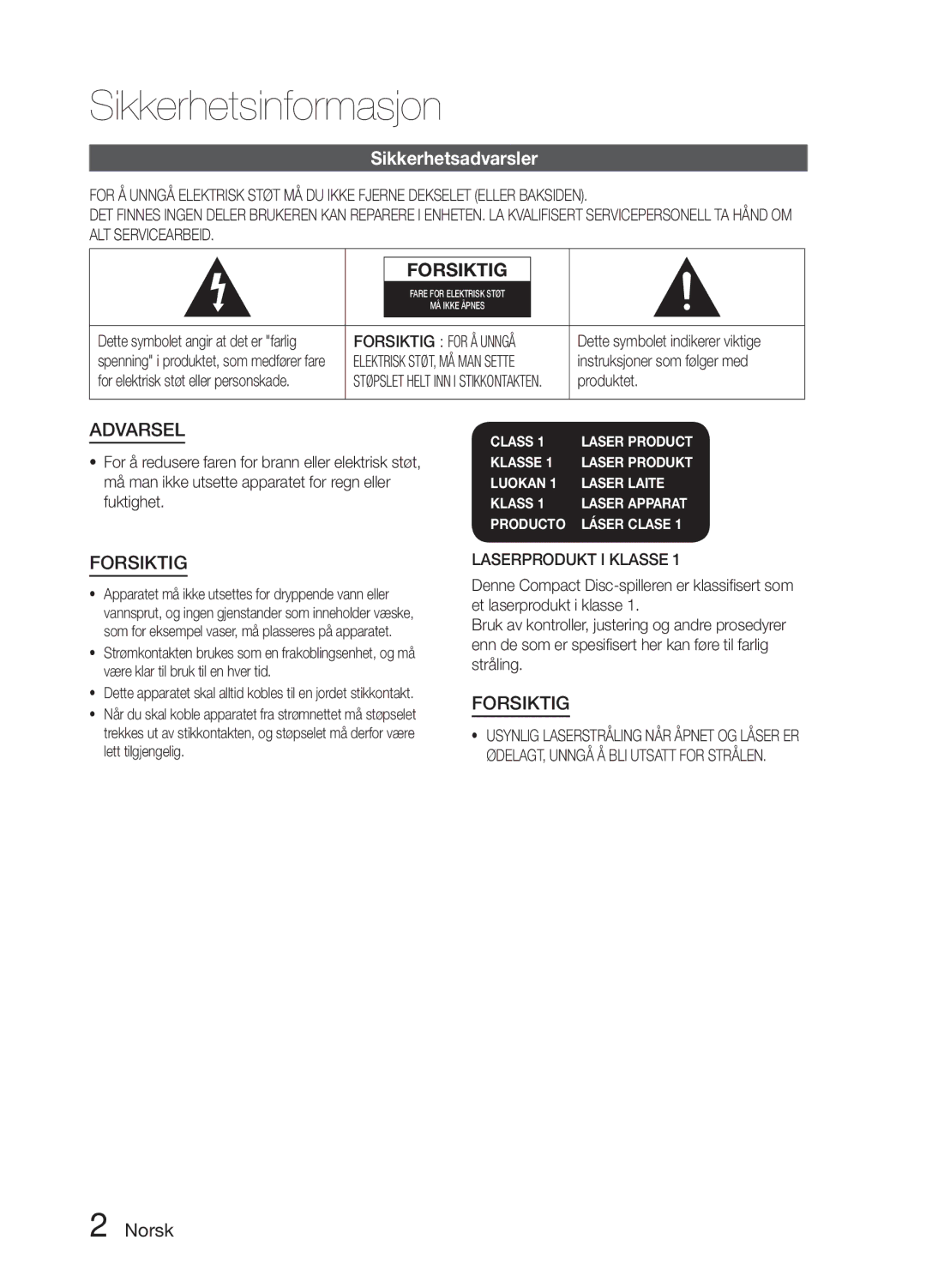 Samsung MM-E330D/XE manual Sikkerhetsinformasjon, Sikkerhetsadvarsler, Norsk, Forsiktig for Å Unngå, Laserprodukt I Klasse 