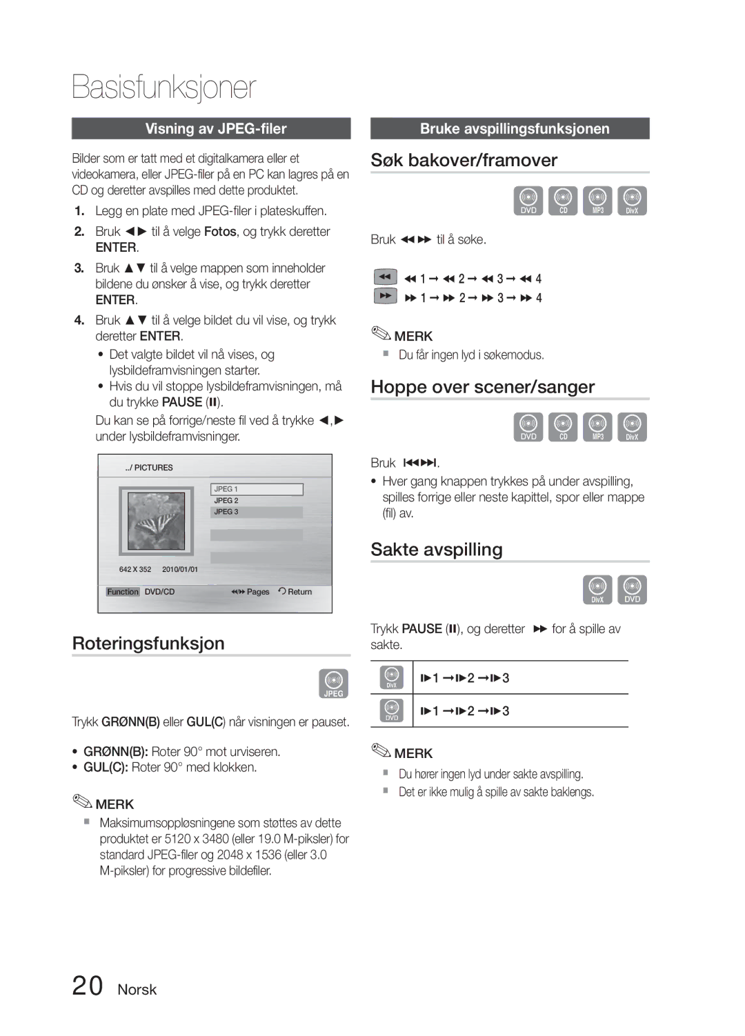 Samsung MM-E330D/XE manual Roteringsfunksjon, Søk bakover/framover, Hoppe over scener/sanger, Sakte avspilling 