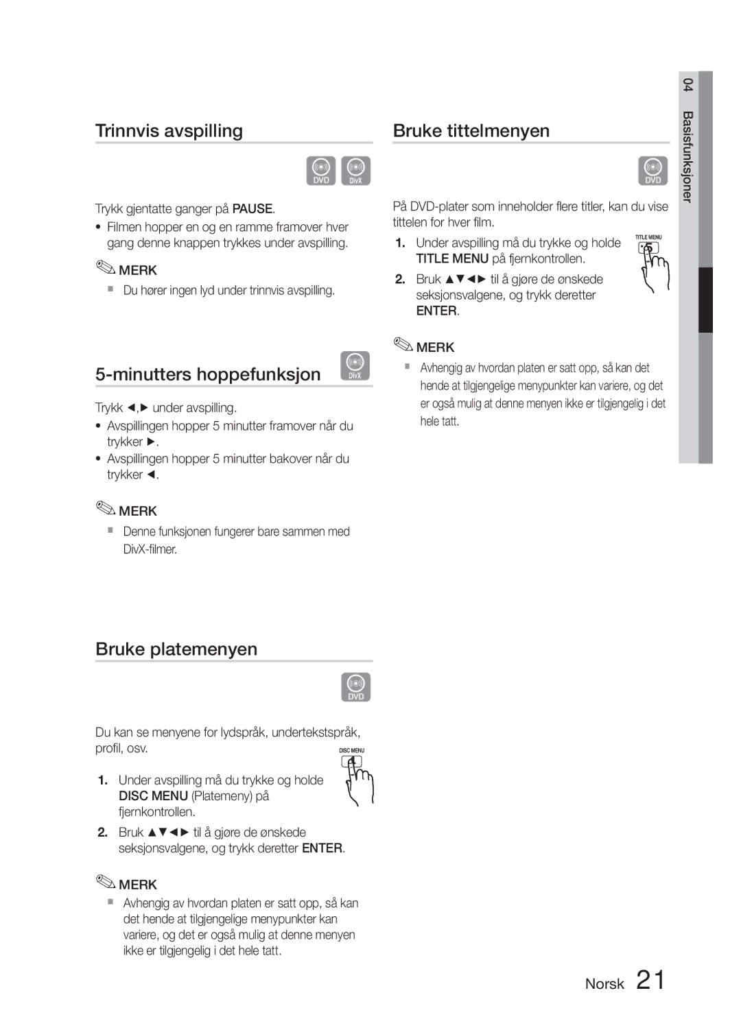 Samsung MM-E330D/XE Trinnvis avspilling, Minutters hoppefunksjon D, Bruke tittelmenyen, Bruke platemenyen, Enter Merk 