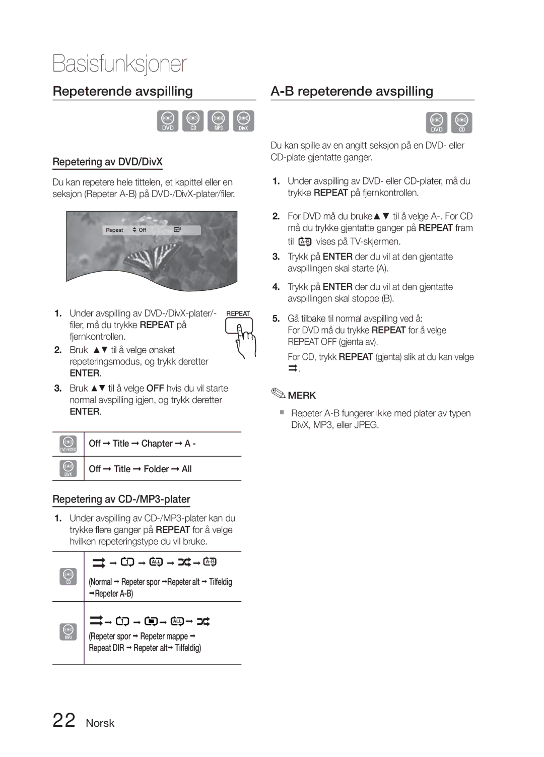 Samsung MM-E330D/XE manual Repeterende avspilling, Repetering av DVD/DivX, Repetering av CD-/MP3-plater 