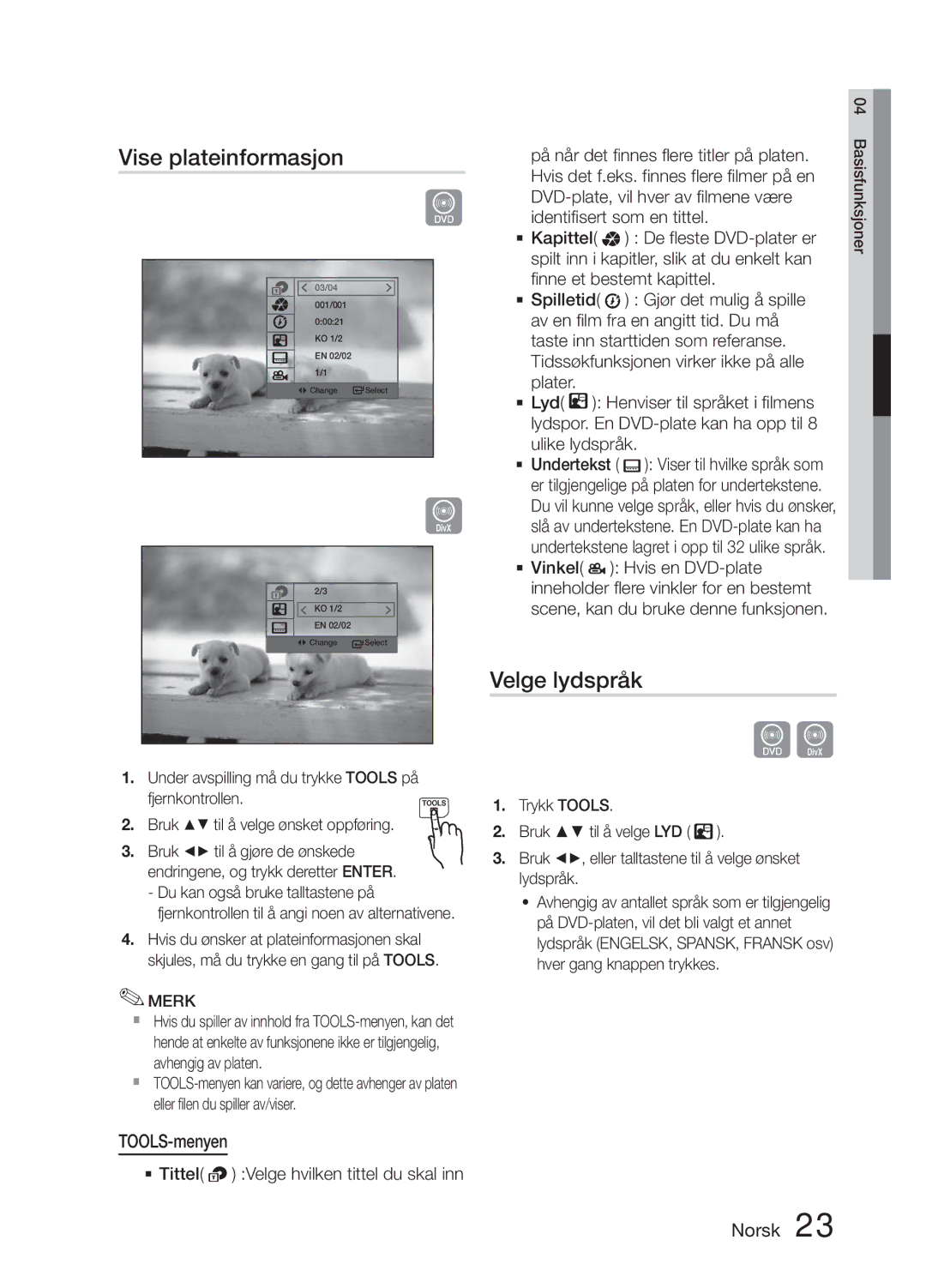 Samsung MM-E330D/XE manual Vise plateinformasjon, Velge lydspråk, TOOLS-menyen 