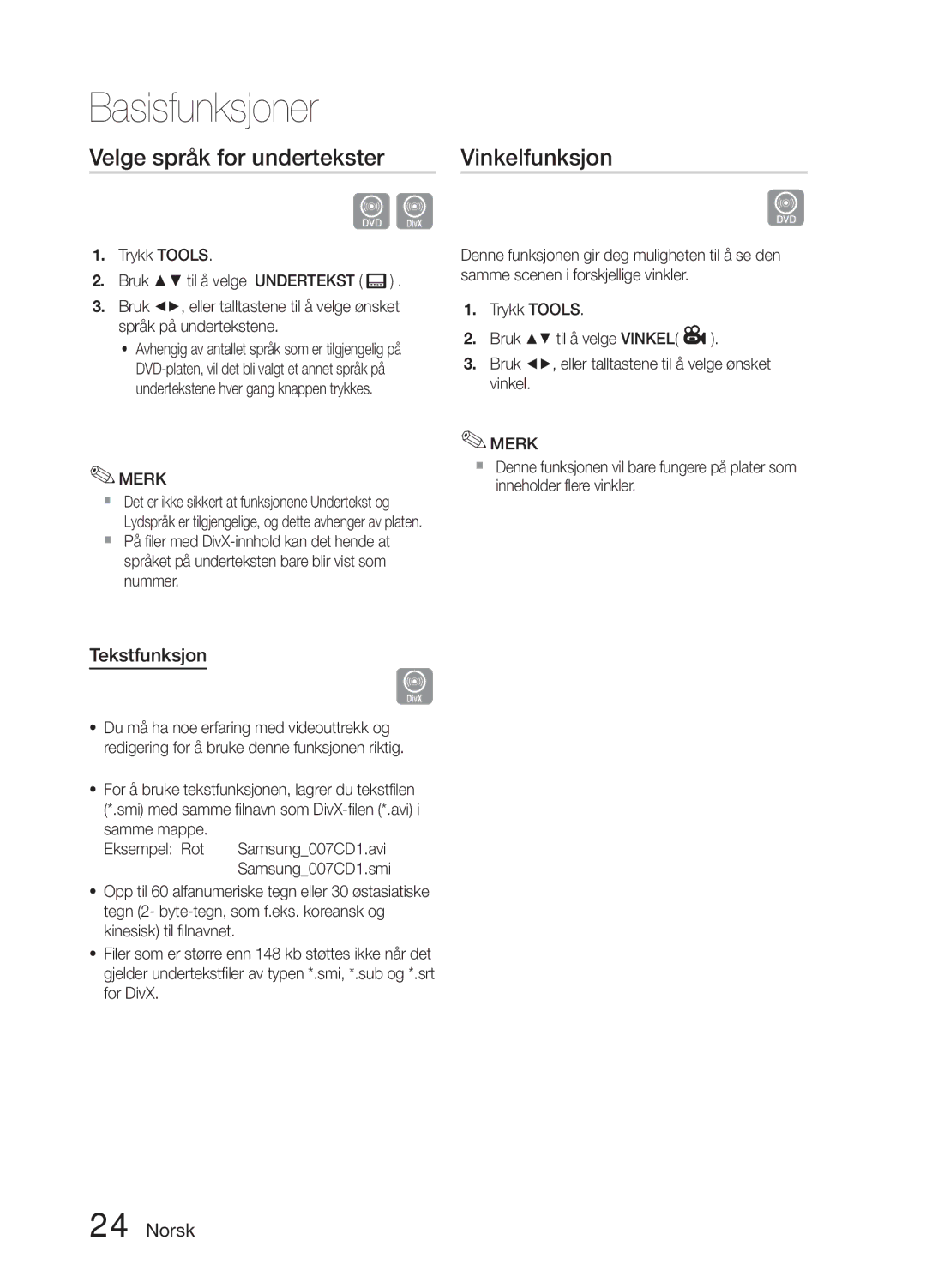 Samsung MM-E330D/XE manual Velge språk for undertekster, Vinkelfunksjon, Tekstfunksjon, Samme mappe 