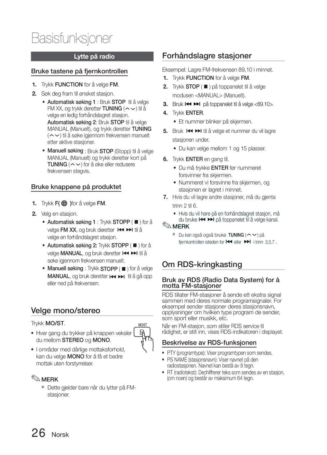 Samsung MM-E330D/XE manual Velge mono/stereo, Forhåndslagre stasjoner, Om RDS-kringkasting, Lytte på radio 