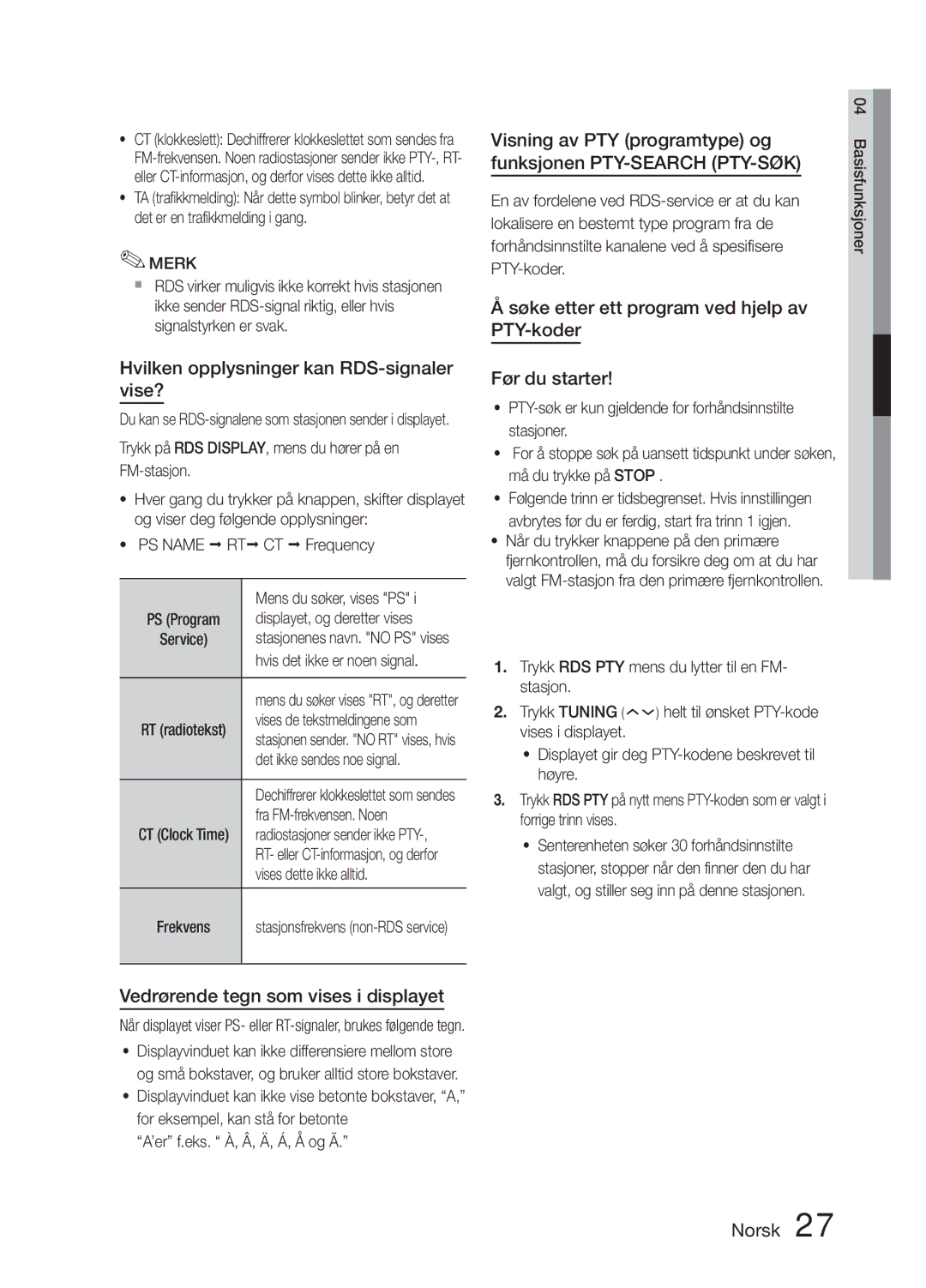 Samsung MM-E330D/XE manual Hvilken opplysninger kan RDS-signaler vise?, Vedrørende tegn som vises i displayet 