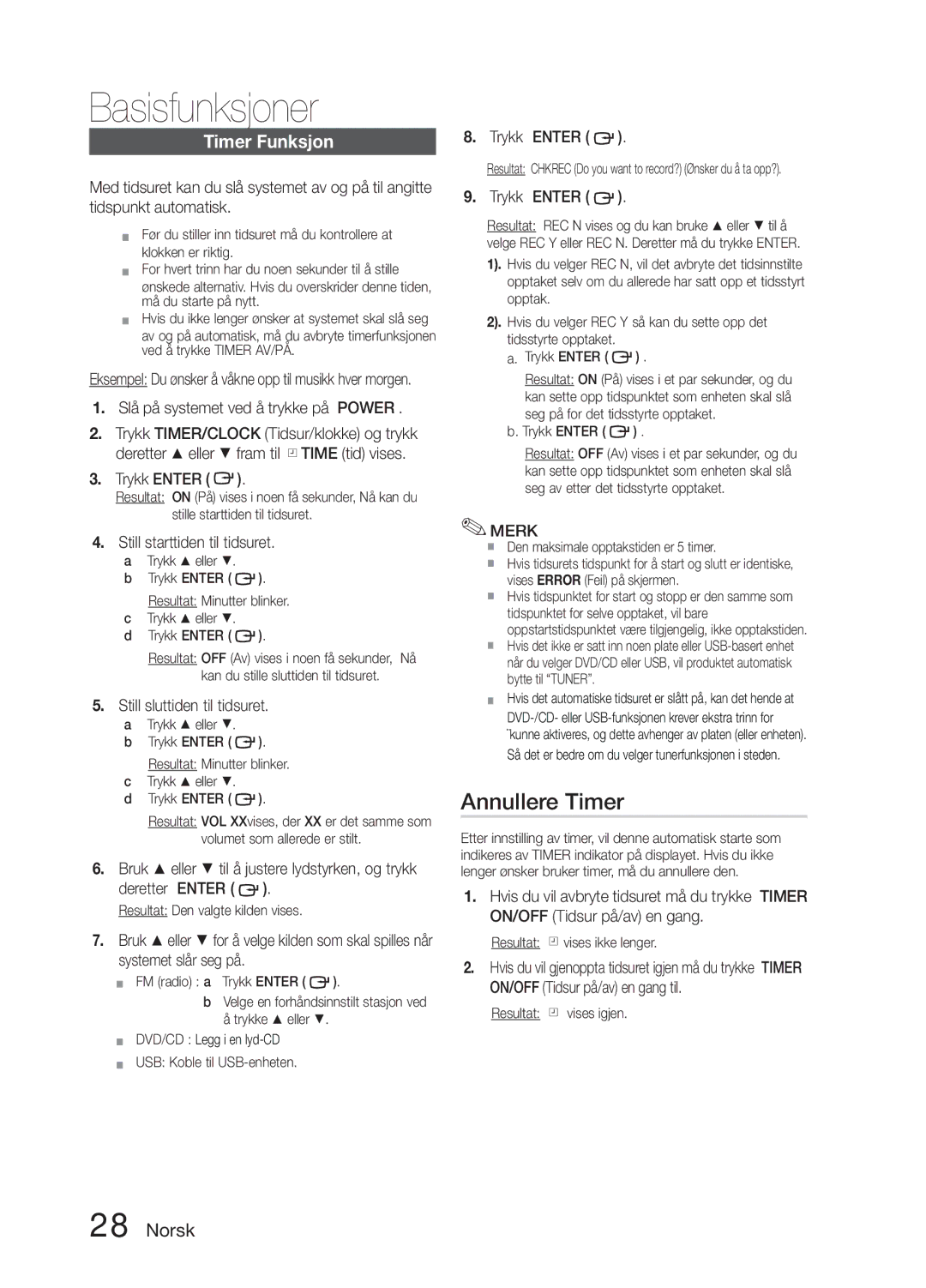 Samsung MM-E330D/XE manual Annullere Timer, Timer Funksjon 