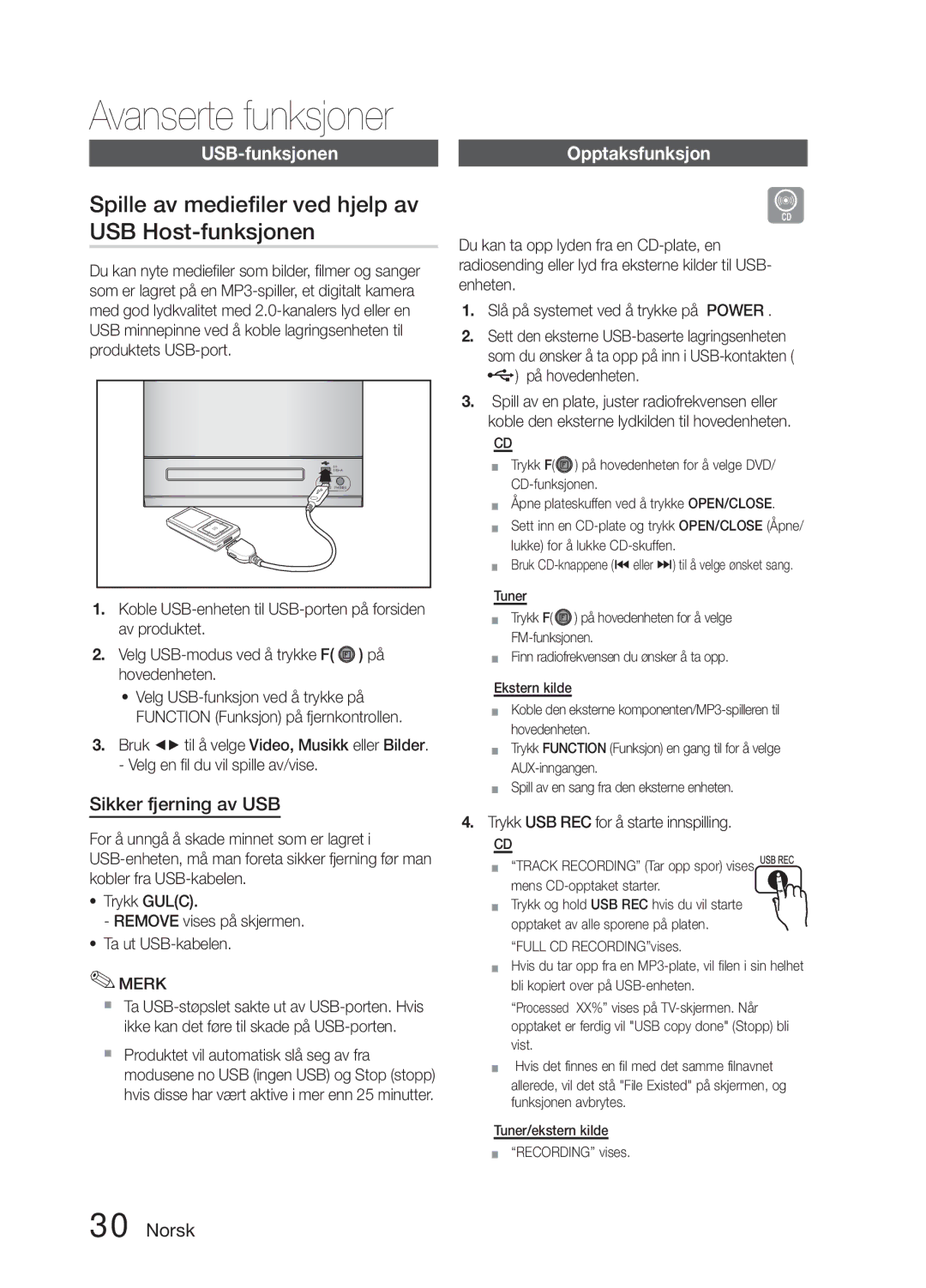 Samsung MM-E330D/XE manual Spille av mediefiler ved hjelp av USB Host-funksjonen, USB-funksjonen, Sikker fjerning av USB 