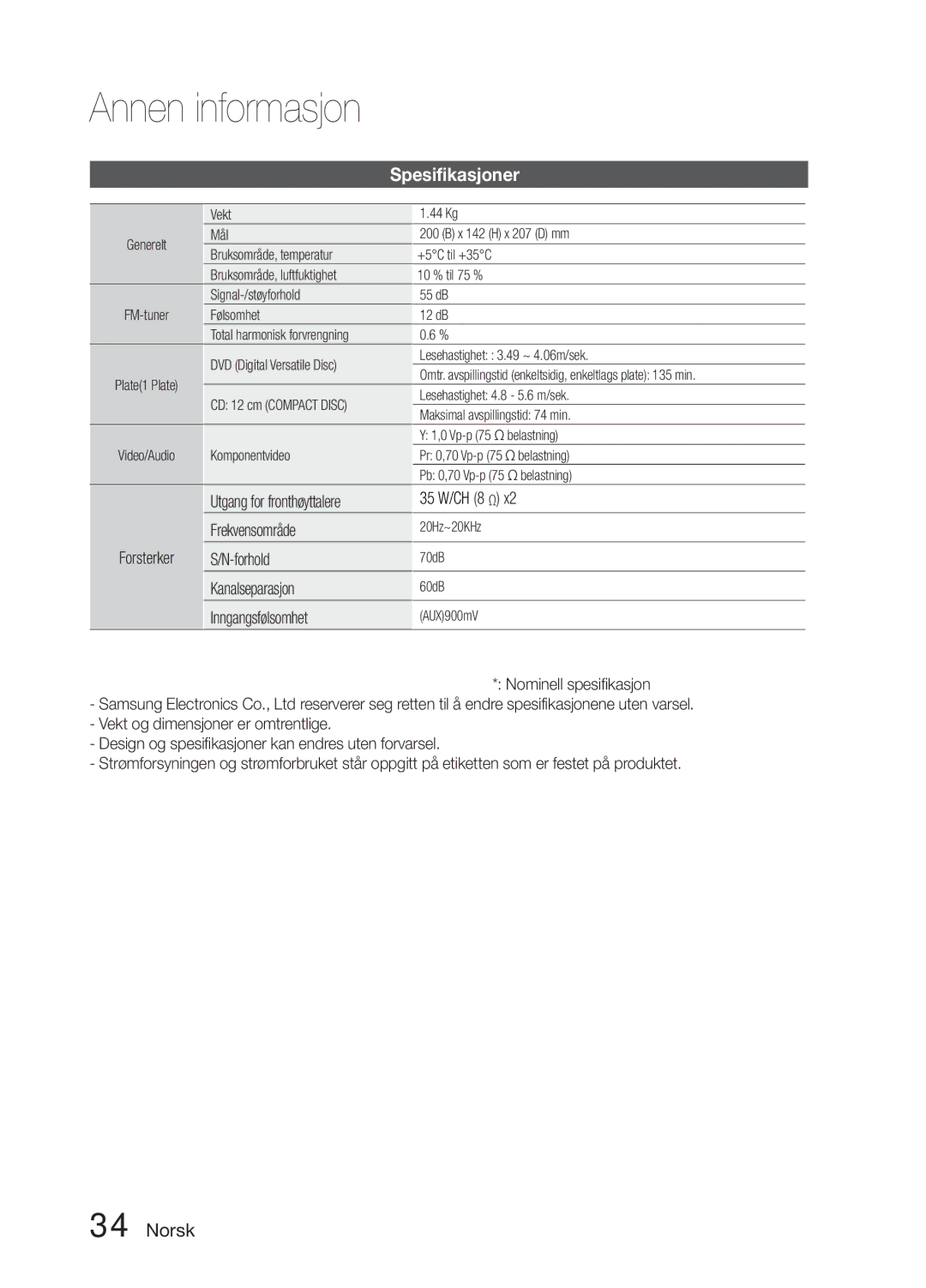 Samsung MM-E330D/XE manual Spesifikasjoner 