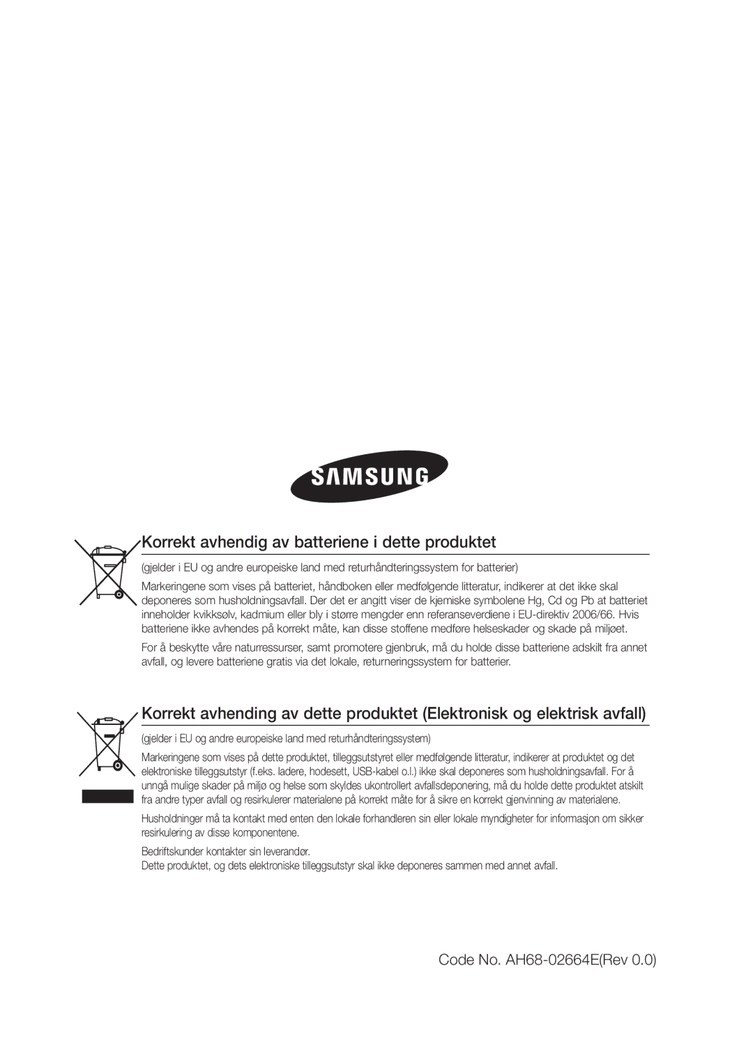 Samsung MM-E330D/XE manual Korrekt avhendig av batteriene i dette produktet, Code No. AH68-02664ERev 