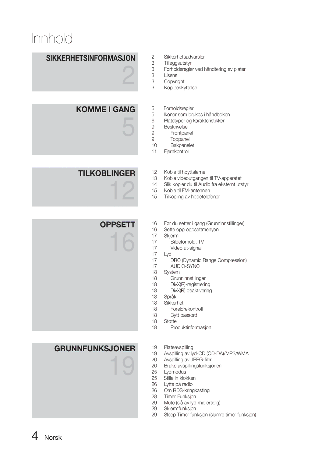 Samsung MM-E330D/XE manual Innhold, Sikkerhetsinformasjon 