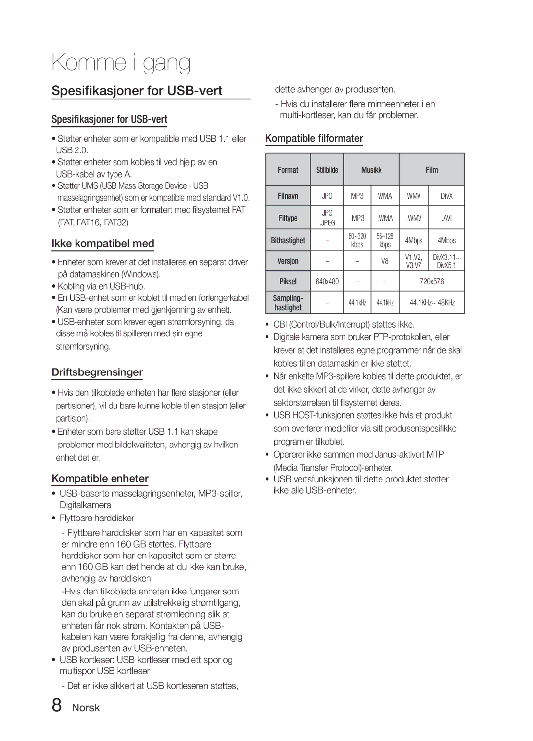 Samsung MM-E330D/XE manual Spesifikasjoner for USB-vert 