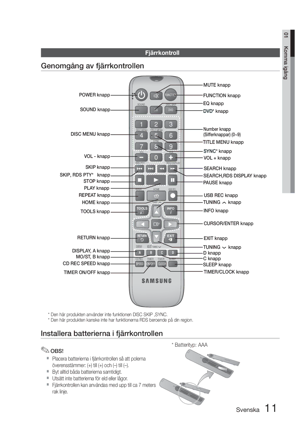 Samsung MM-E330D/XE Genomgång av fjärrkontrollen, Installera batterierna i fjärrkontrollen, Fjärrkontroll, Batterityp AAA 