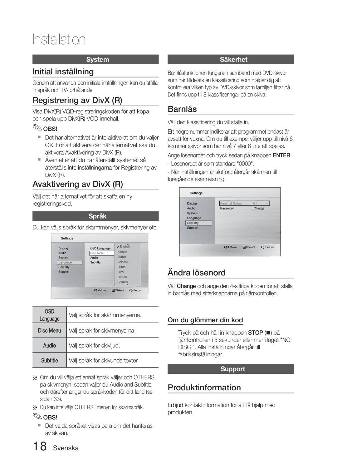 Samsung MM-E330D/XE manual Initial inställning, Registrering av DivX R, Avaktivering av DivX R, Barnlås, Ändra lösenord 