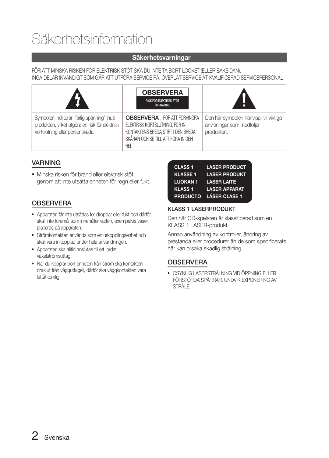 Samsung MM-E330D/XE manual Säkerhetsinformation, Säkerhetsvarningar, Svenska, Helt, Klass 1 Laserprodukt 