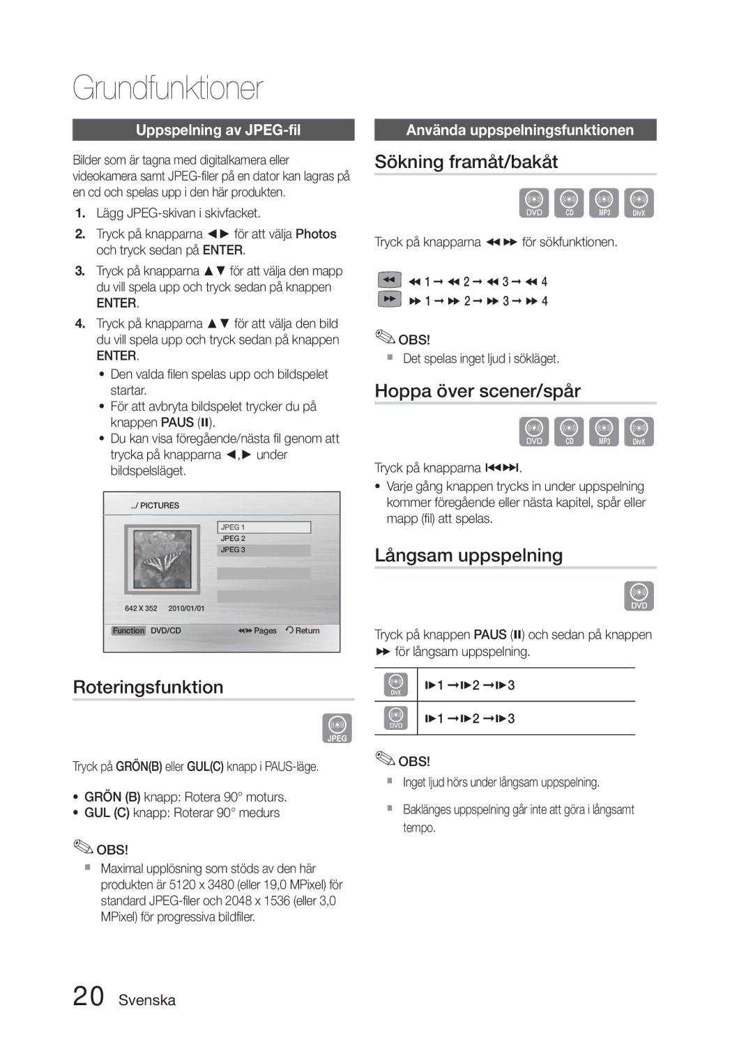 Samsung MM-E330D/XE manual Roteringsfunktion, Sökning framåt/bakåt, Hoppa över scener/spår, Långsam uppspelning 