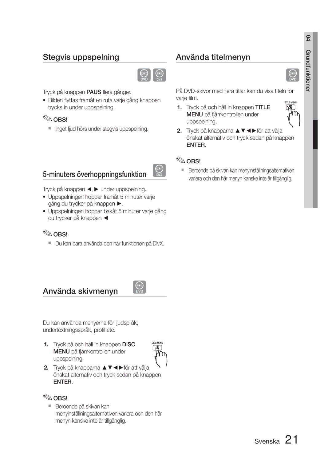 Samsung MM-E330D/XE manual Stegvis uppspelning, Använda titelmenyn, Använda skivmenyn d 