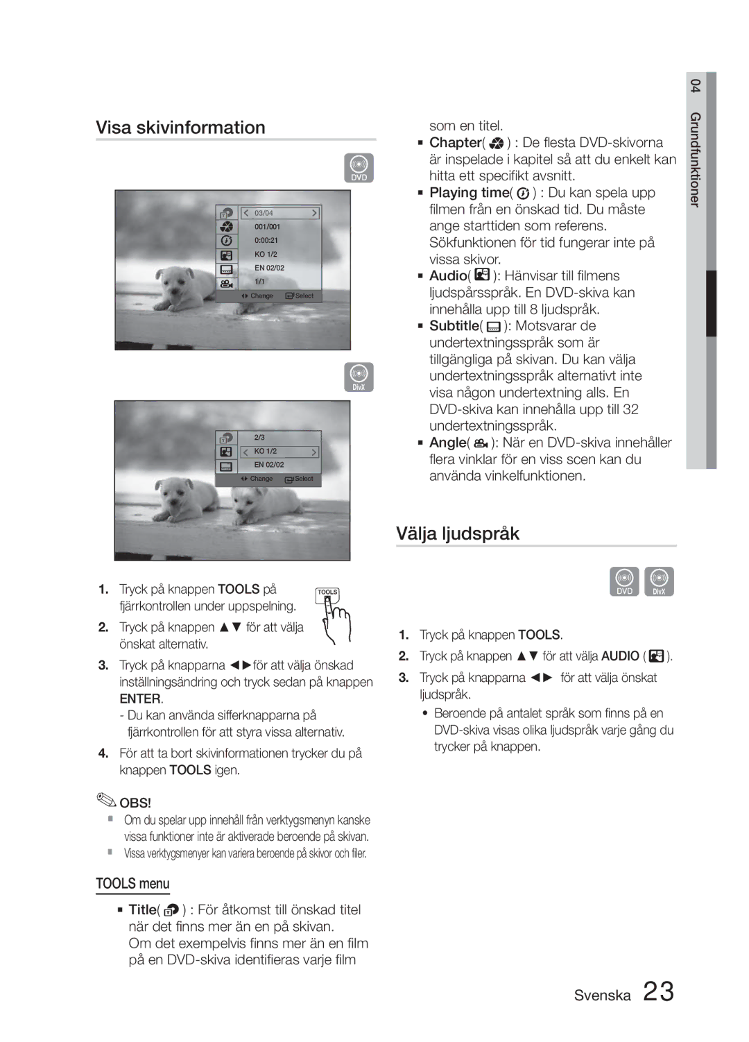 Samsung MM-E330D/XE Visa skivinformation, Välja ljudspråk, Tools menu, Tryck på knappen för att välja önskat alternativ 