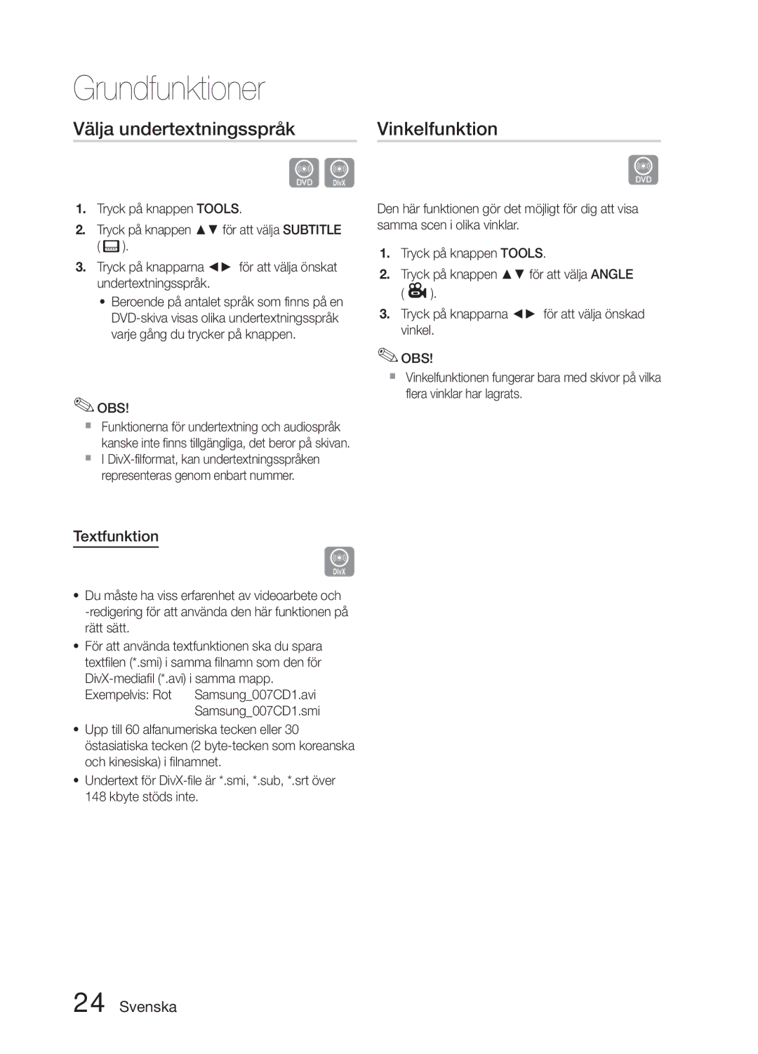 Samsung MM-E330D/XE manual Välja undertextningsspråk, Vinkelfunktion, Textfunktion 