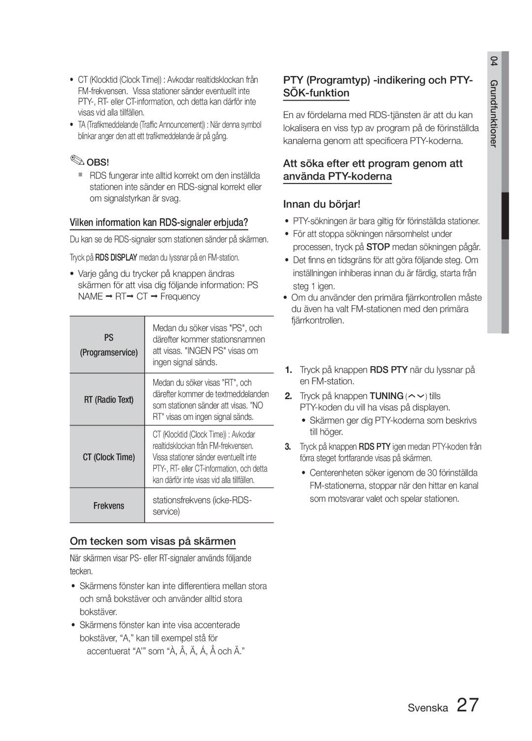 Samsung MM-E330D/XE manual Om tecken som visas på skärmen, PTY Programtyp -indikering och PTY- SÖK-funktion 